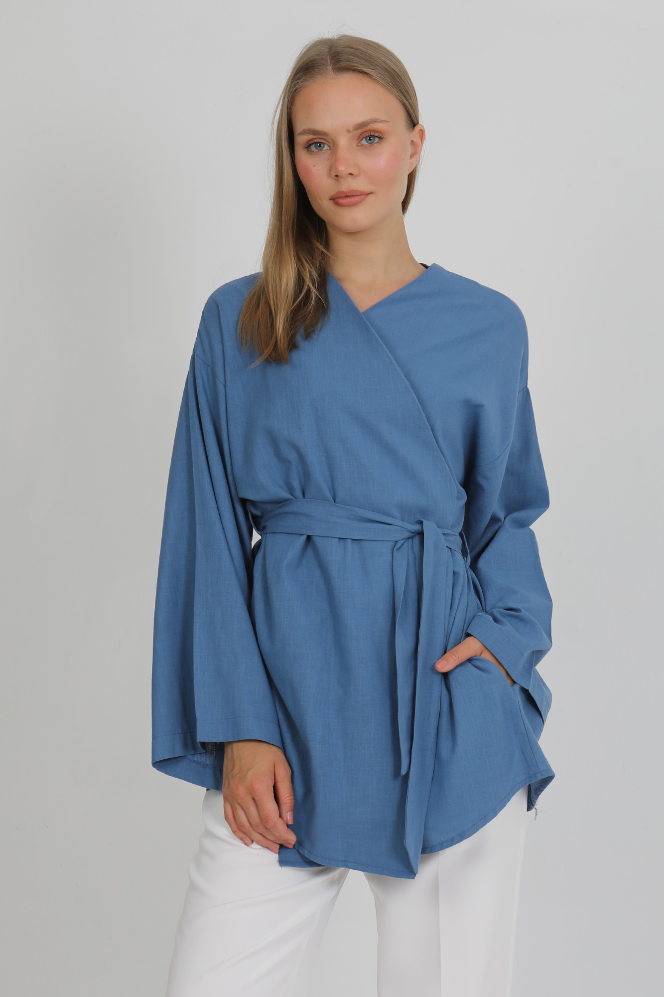 %100 Pamuk Keten Cepli Kemerli Yazlık Kadın Kimono 1166 - Nefes Alan Doğal Kumaş