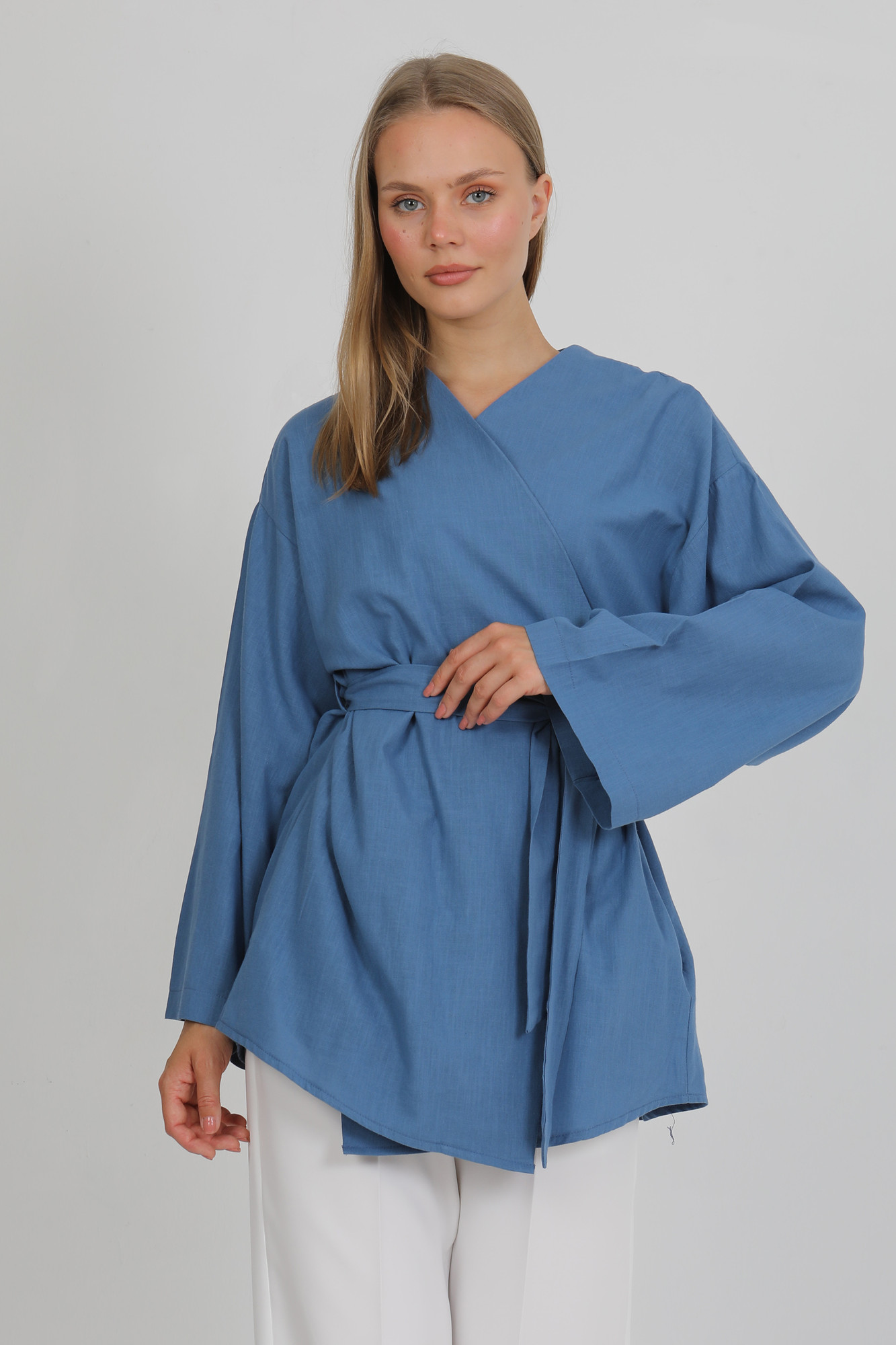 %100 Pamuk Keten Cepli Kemerli Yazlık Kadın Kimono 1166 - Nefes Alan Doğal Kumaş