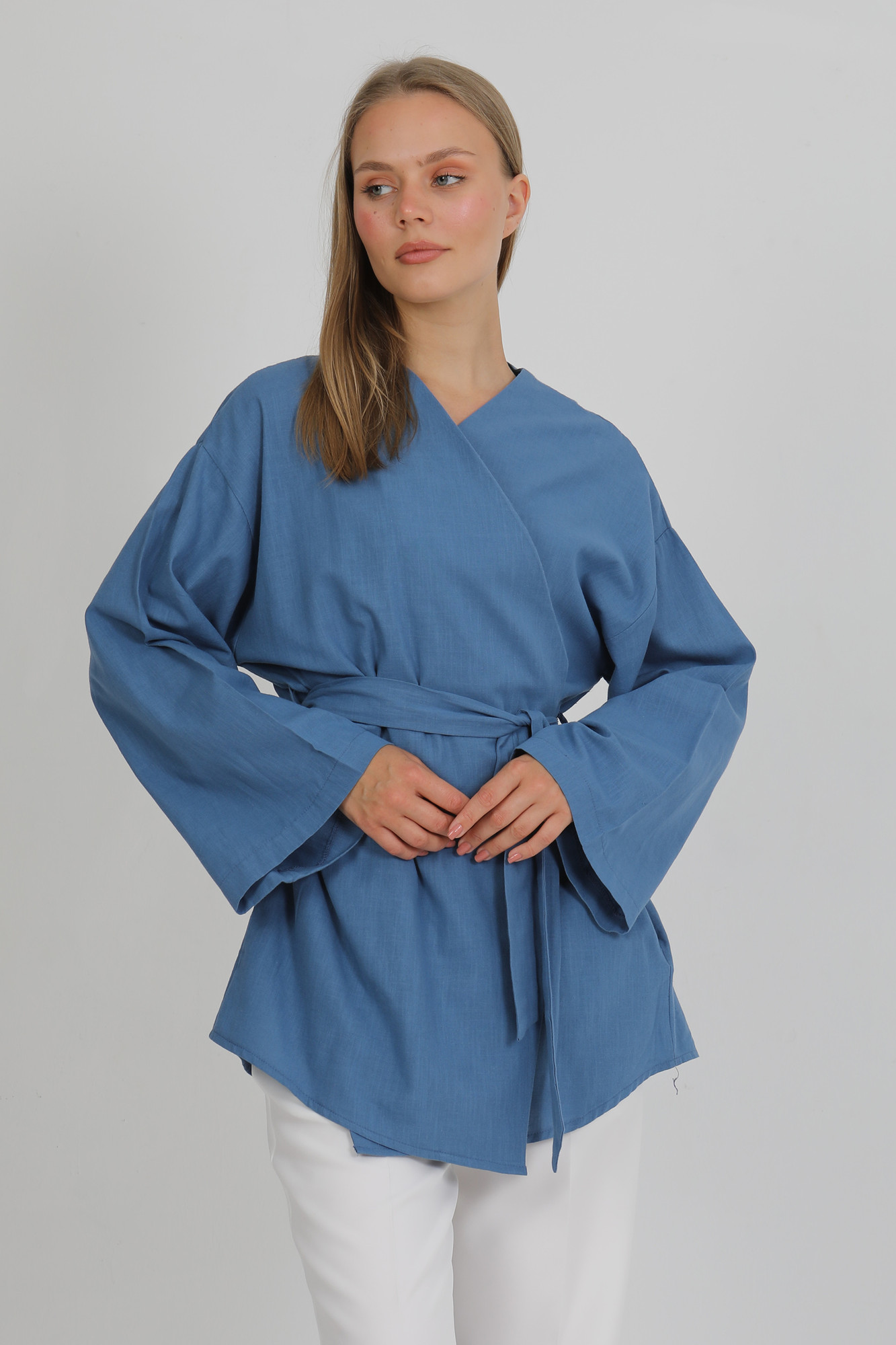 %100 Pamuk Keten Cepli Kemerli Yazlık Kadın Kimono 1166 - Nefes Alan Doğal Kumaş