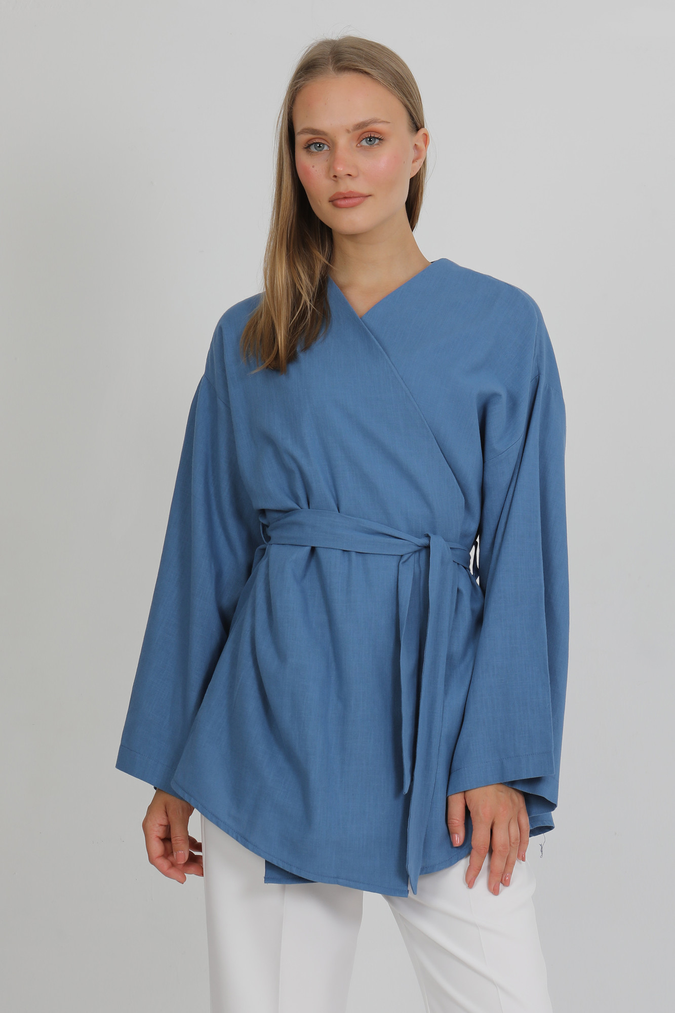 %100 Pamuk Keten Cepli Kemerli Yazlık Kadın Kimono 1166 - Nefes Alan Doğal Kumaş