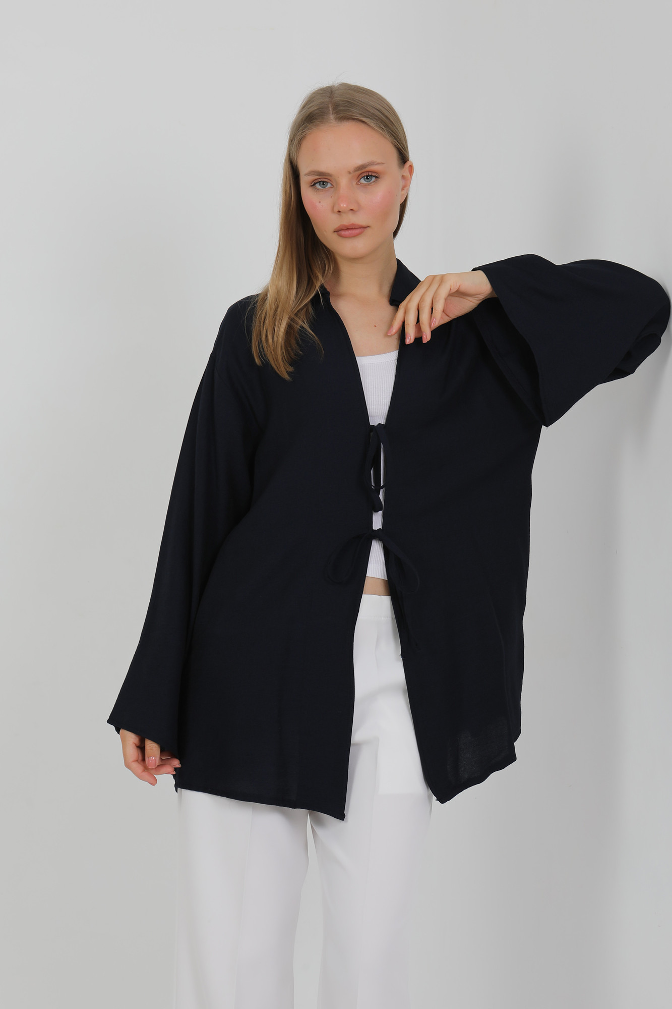 Doğal Viskon Kumaş Cepli Bağcıklı Kadın Kimono 1167 – Hafif, Dökümlü, Akışkan, Yazlık Model