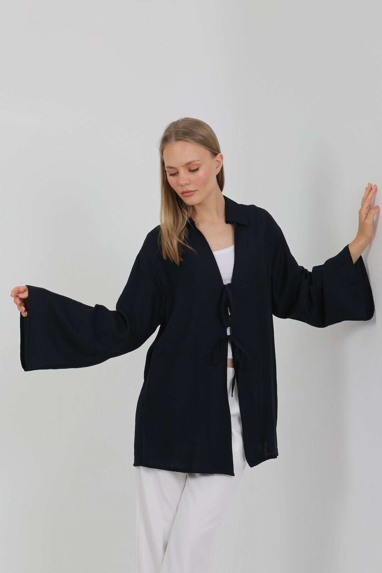 Doğal Viskon Kumaş Cepli Bağcıklı Kadın Kimono 1167 – Hafif, Dökümlü, Akışkan, Yazlık Model