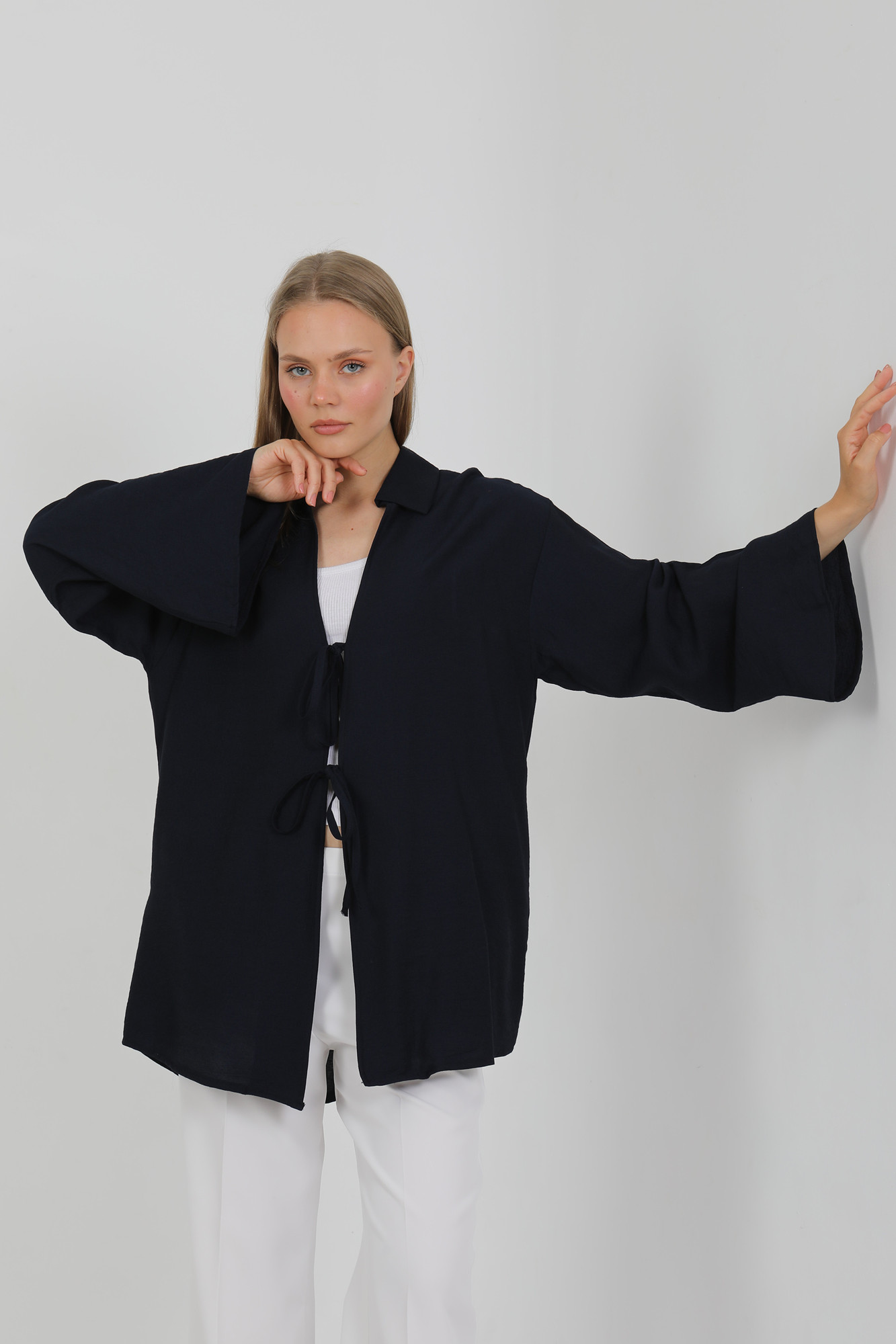 Doğal Viskon Kumaş Cepli Bağcıklı Kadın Kimono 1167 – Hafif, Dökümlü, Akışkan, Yazlık Model