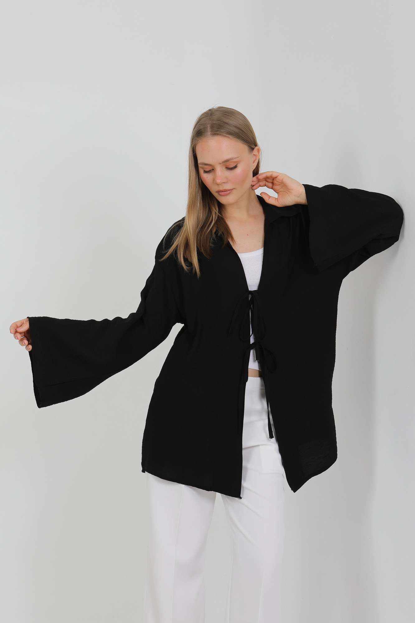 Doğal Viskon Kumaş Cepli Bağcıklı Kadın Kimono 1167 – Hafif, Dökümlü, Akışkan, Yazlık Model