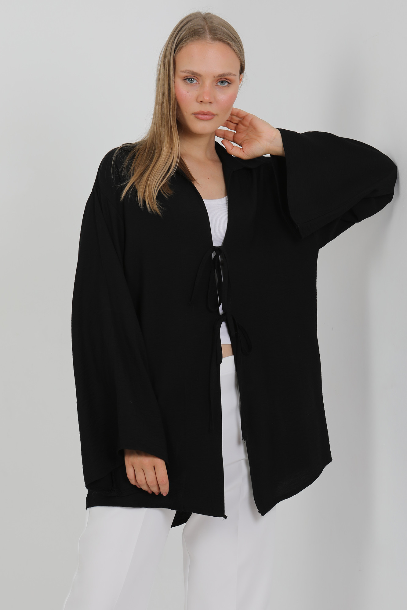 Doğal Viskon Kumaş Cepli Bağcıklı Kadın Kimono 1167 – Hafif, Dökümlü, Akışkan, Yazlık Model