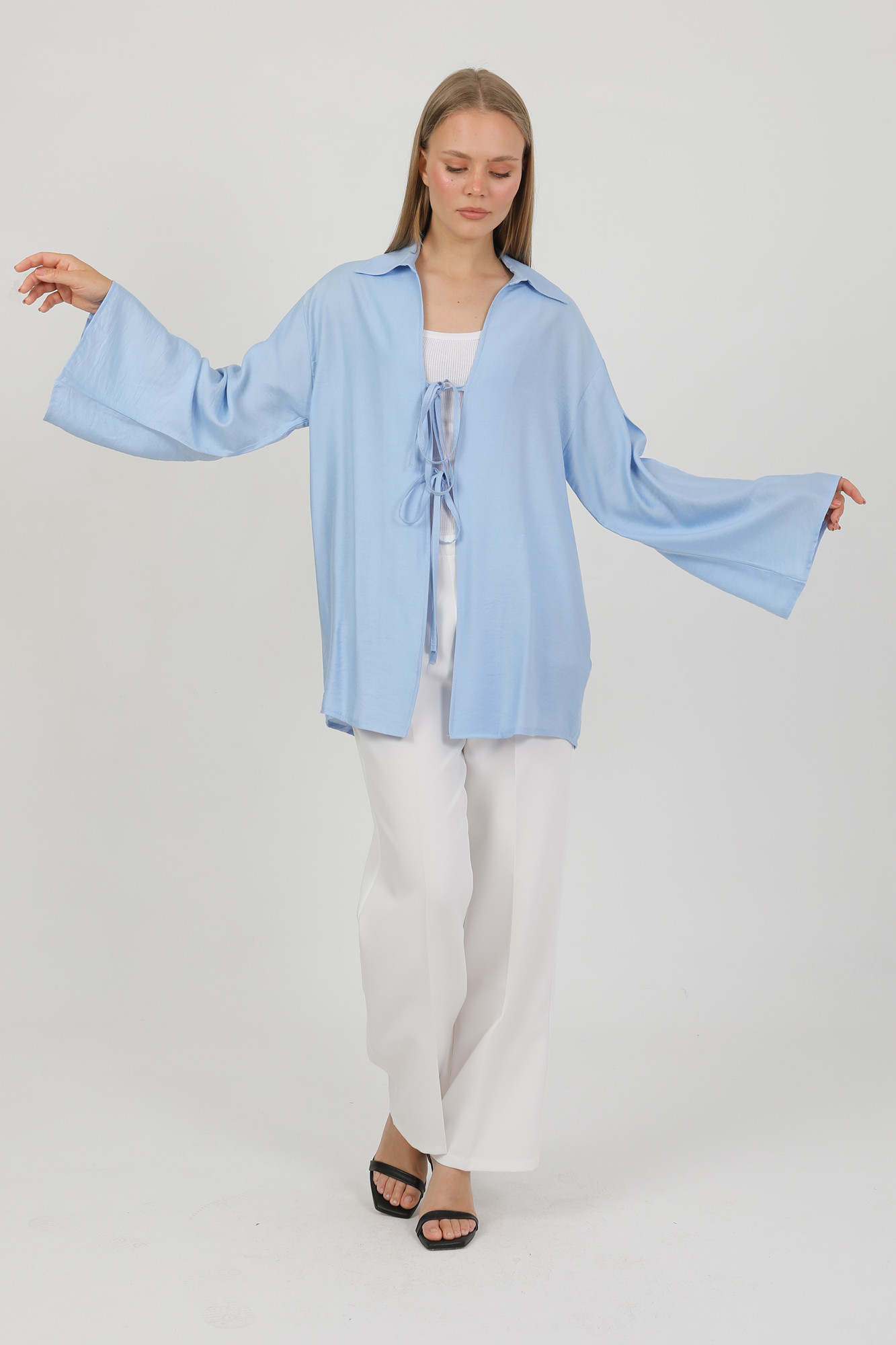 Doğal Viskon Kumaş Cepli Bağcıklı Kadın Kimono 1167 – Hafif, Dökümlü, Akışkan, Yazlık Model
