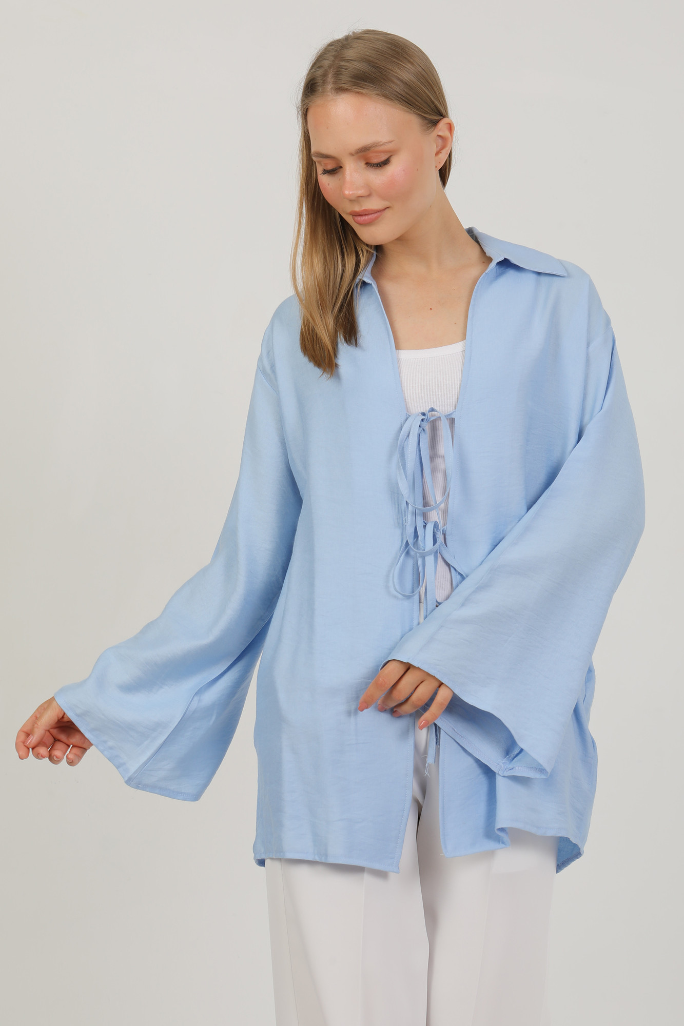 Doğal Viskon Kumaş Cepli Bağcıklı Kadın Kimono 1167 – Hafif, Dökümlü, Akışkan, Yazlık Model