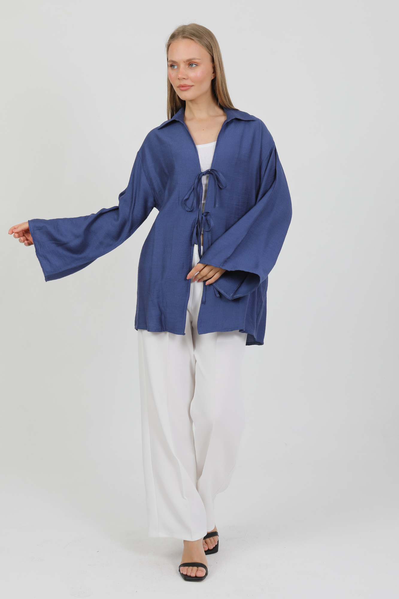 Doğal Viskon Kumaş Cepli Bağcıklı Kadın Kimono 1167 – Hafif, Dökümlü, Akışkan, Yazlık Model