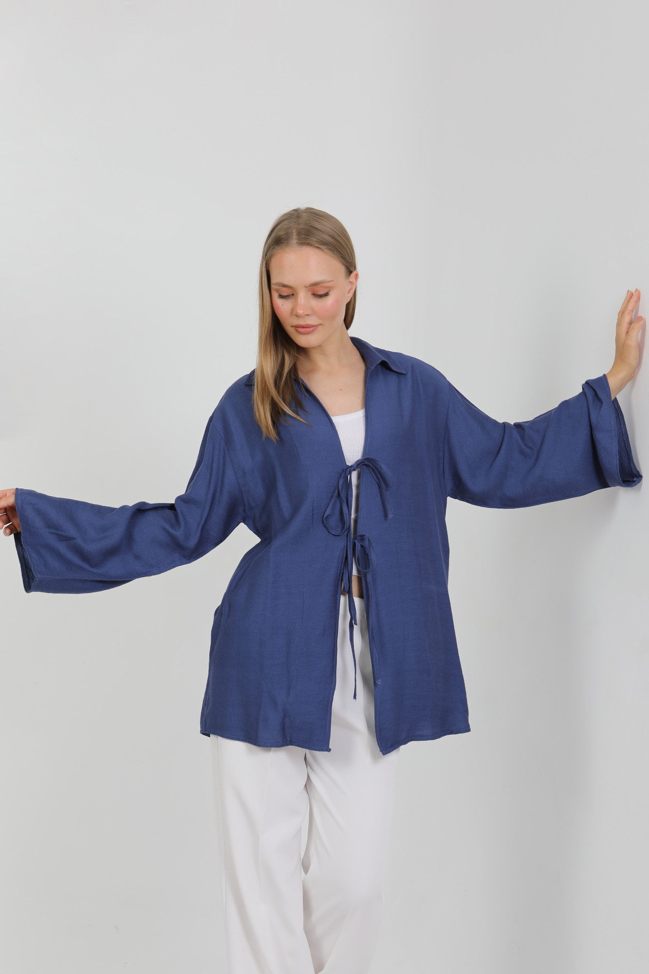 Doğal Viskon Kumaş Cepli Bağcıklı Kadın Kimono 1167 – Hafif, Dökümlü, Akışkan, Yazlık Model