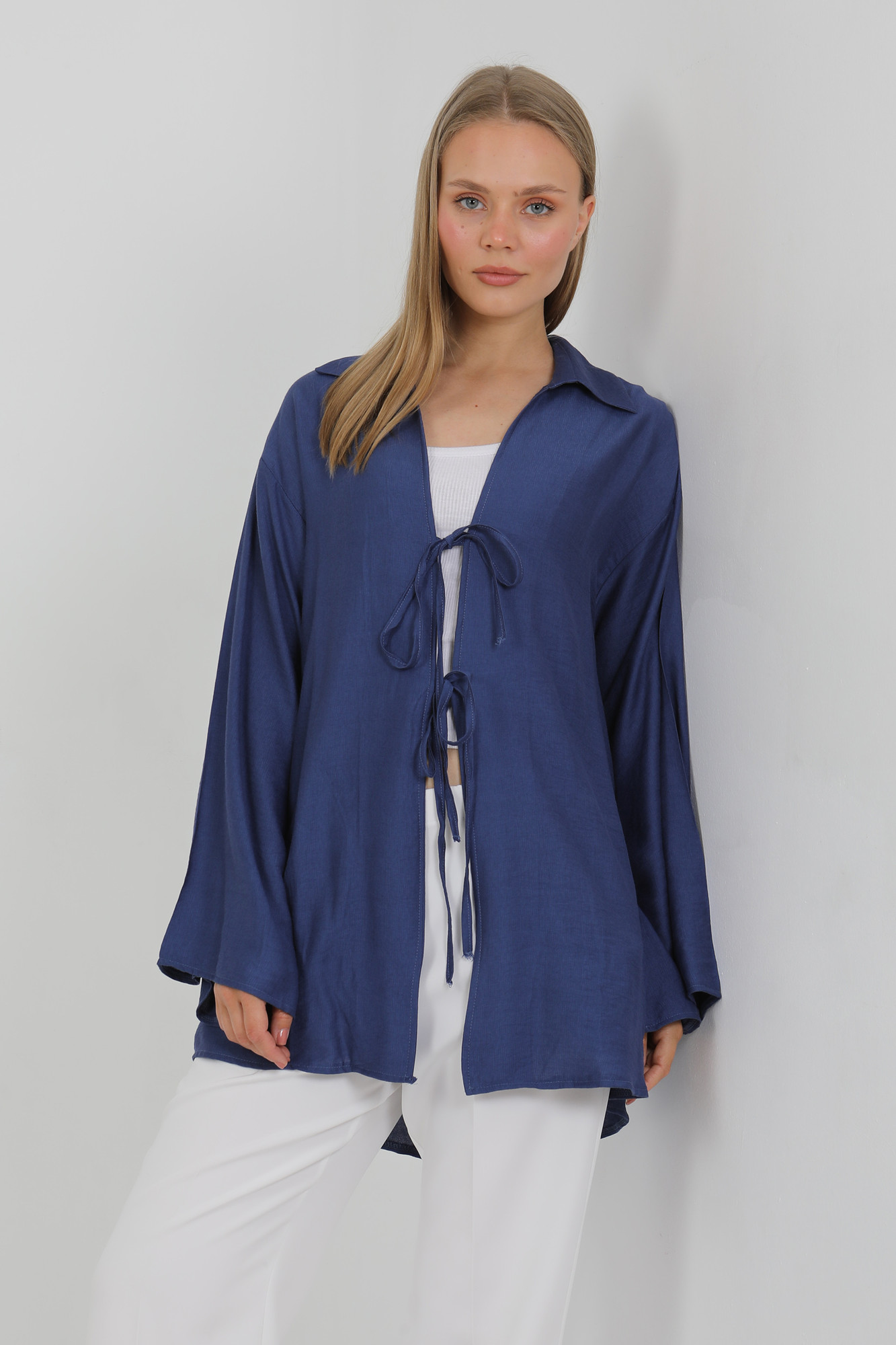 Doğal Viskon Kumaş Cepli Bağcıklı Kadın Kimono 1167 – Hafif, Dökümlü, Akışkan, Yazlık Model