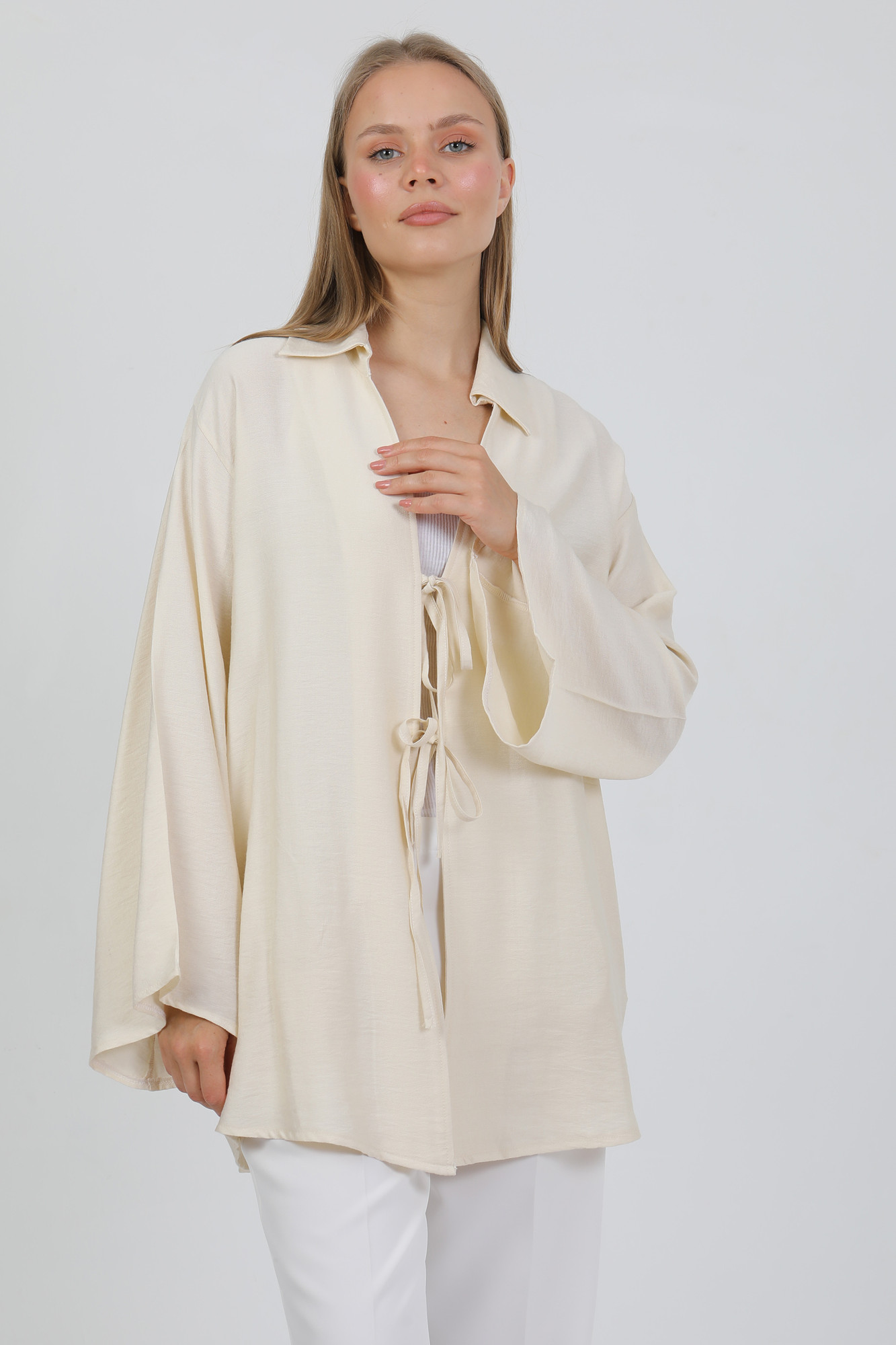 Doğal Viskon Kumaş Cepli Bağcıklı Kadın Kimono 1167 – Hafif, Dökümlü, Akışkan, Yazlık Model