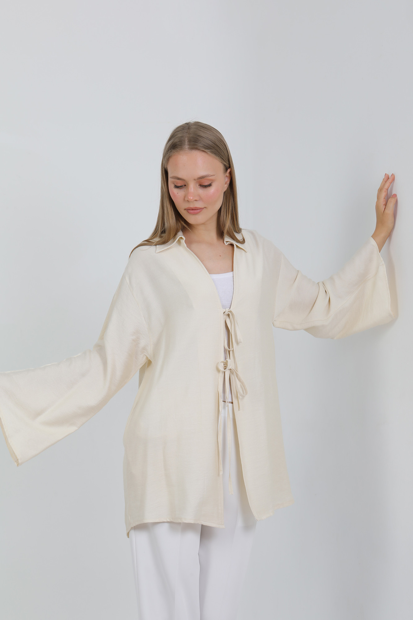 Doğal Viskon Kumaş Cepli Bağcıklı Kadın Kimono 1167 – Hafif, Dökümlü, Akışkan, Yazlık Model