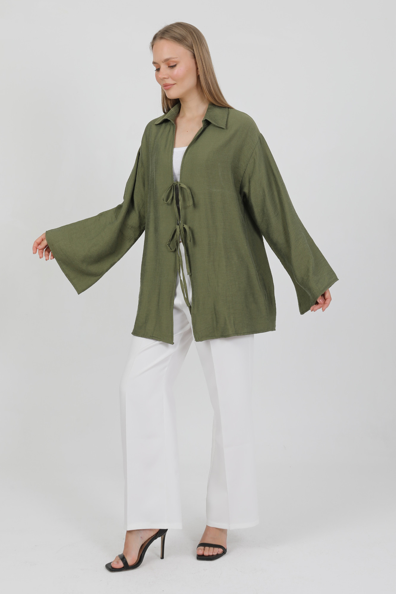 Doğal Viskon Kumaş Cepli Bağcıklı Kadın Kimono 1167 – Hafif, Dökümlü, Akışkan, Yazlık Model