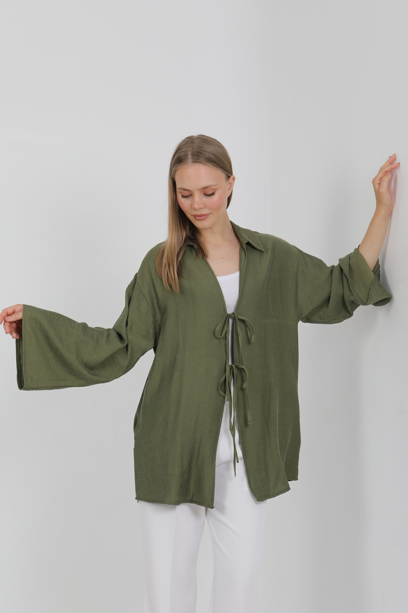 Doğal Viskon Kumaş Cepli Bağcıklı Kadın Kimono 1167 – Hafif, Dökümlü, Akışkan, Yazlık Model