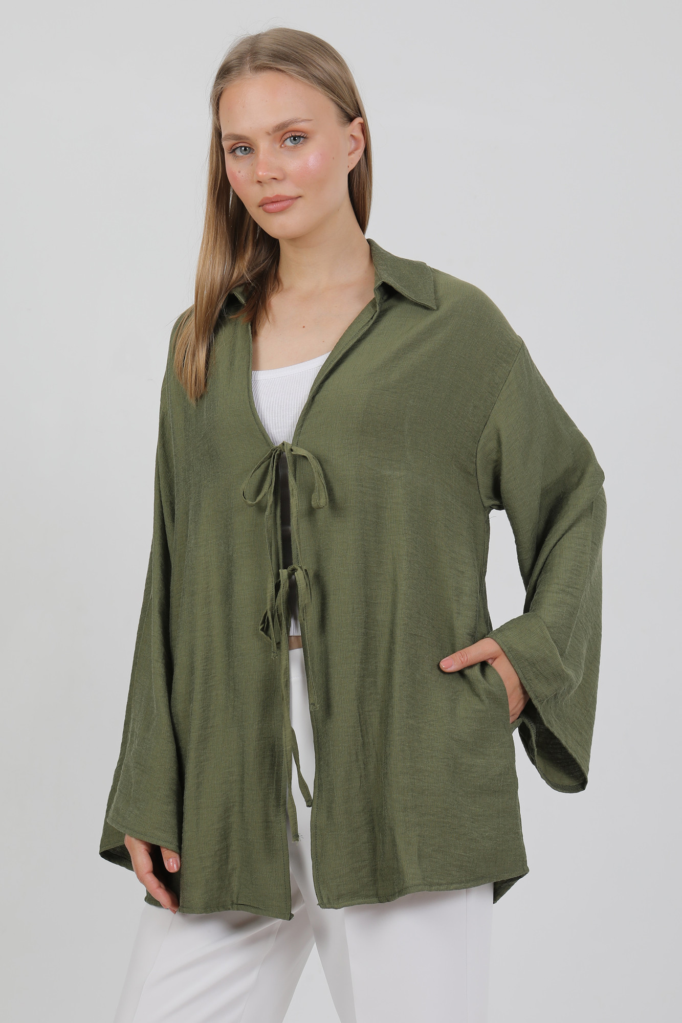 Doğal Viskon Kumaş Cepli Bağcıklı Kadın Kimono 1167 – Hafif, Dökümlü, Akışkan, Yazlık Model