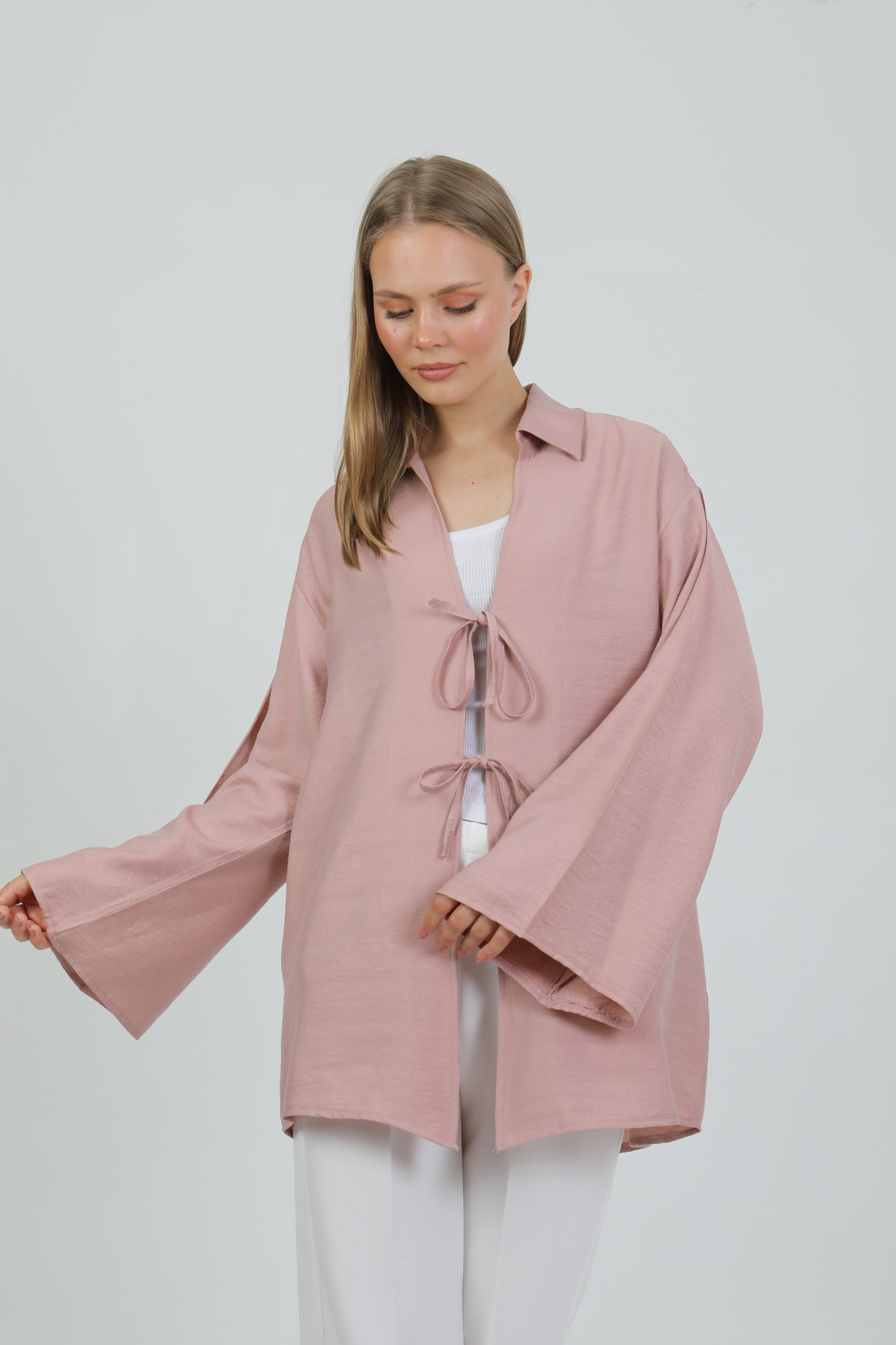 Doğal Viskon Kumaş Cepli Bağcıklı Kadın Kimono 1167 – Hafif, Dökümlü, Akışkan, Yazlık Model