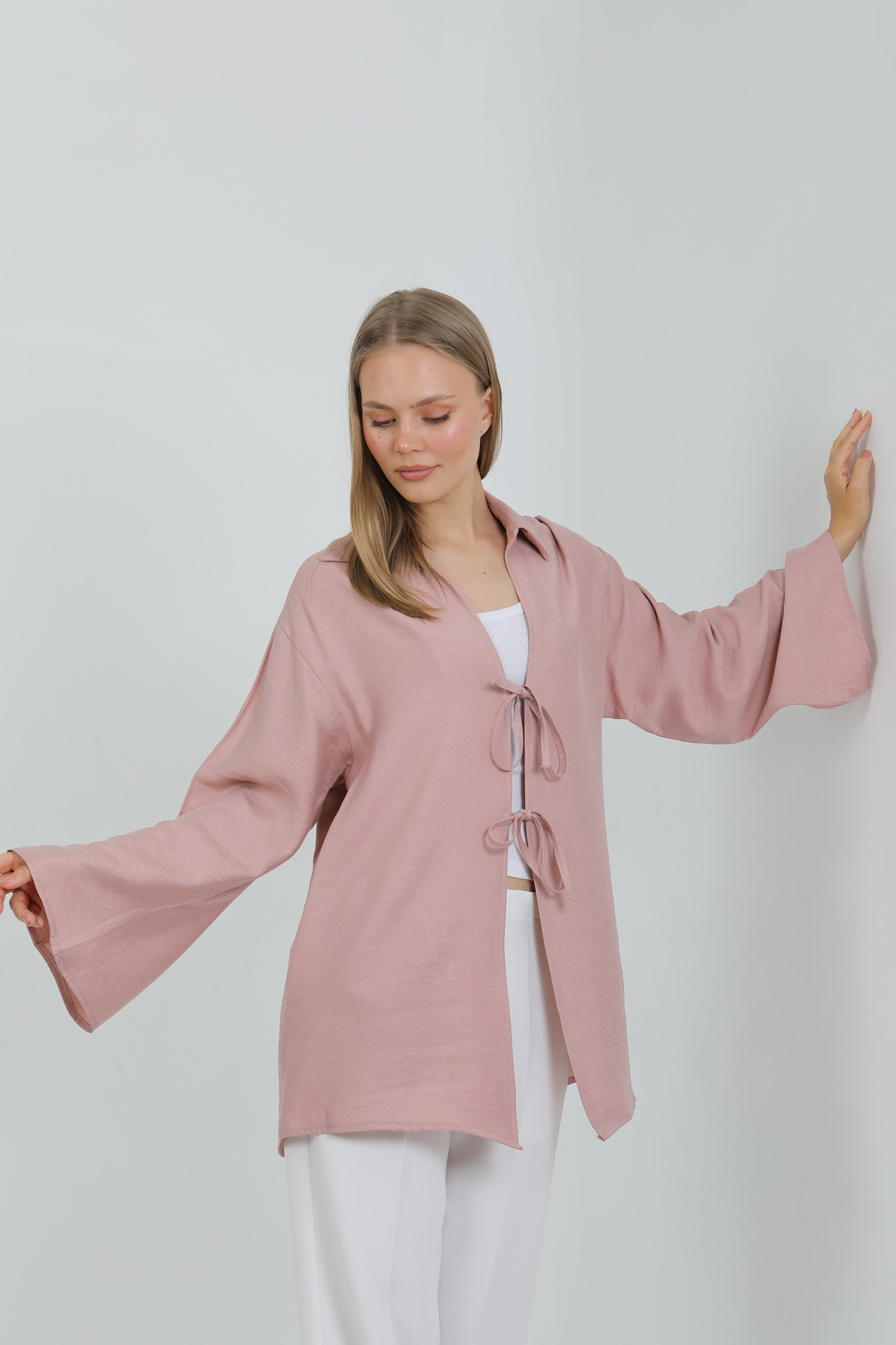 Doğal Viskon Kumaş Cepli Bağcıklı Kadın Kimono 1167 – Hafif, Dökümlü, Akışkan, Yazlık Model