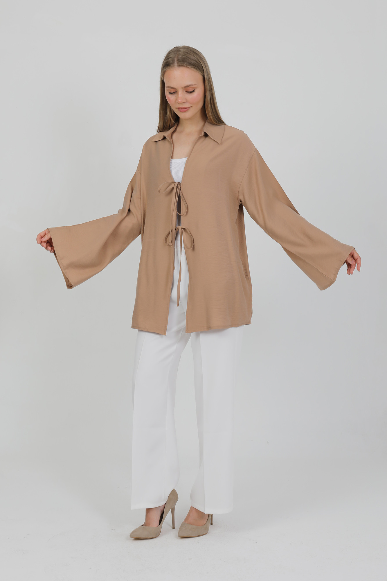 Doğal Viskon Kumaş Cepli Bağcıklı Kadın Kimono 1167 – Hafif, Dökümlü, Akışkan, Yazlık Model