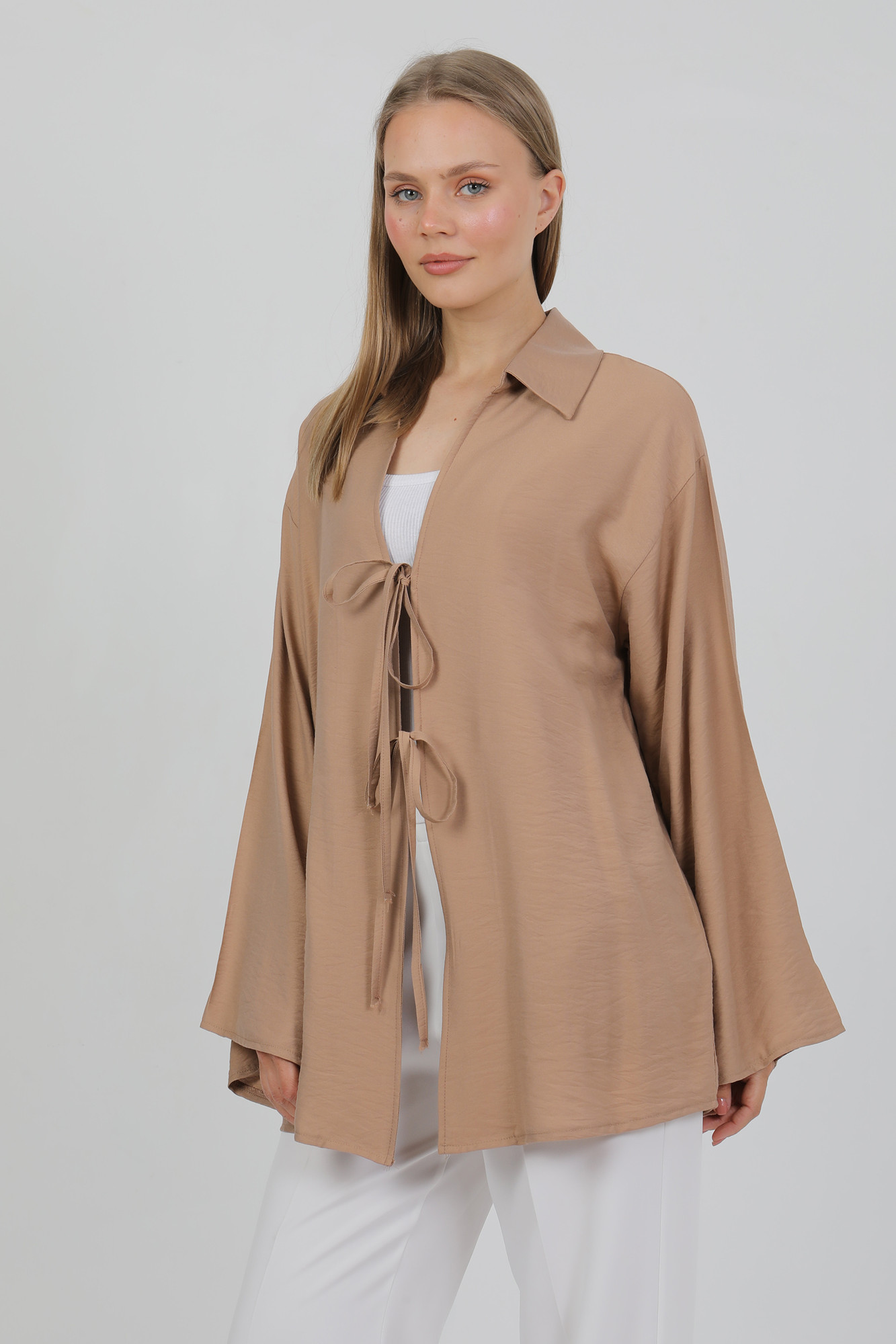 Doğal Viskon Kumaş Cepli Bağcıklı Kadın Kimono 1167 – Hafif, Dökümlü, Akışkan, Yazlık Model