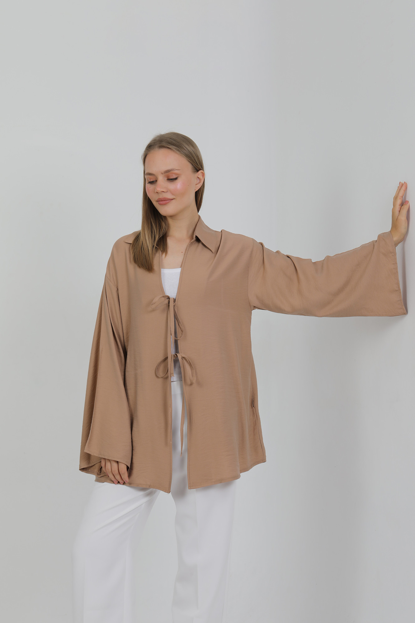 Doğal Viskon Kumaş Cepli Bağcıklı Kadın Kimono 1167 – Hafif, Dökümlü, Akışkan, Yazlık Model