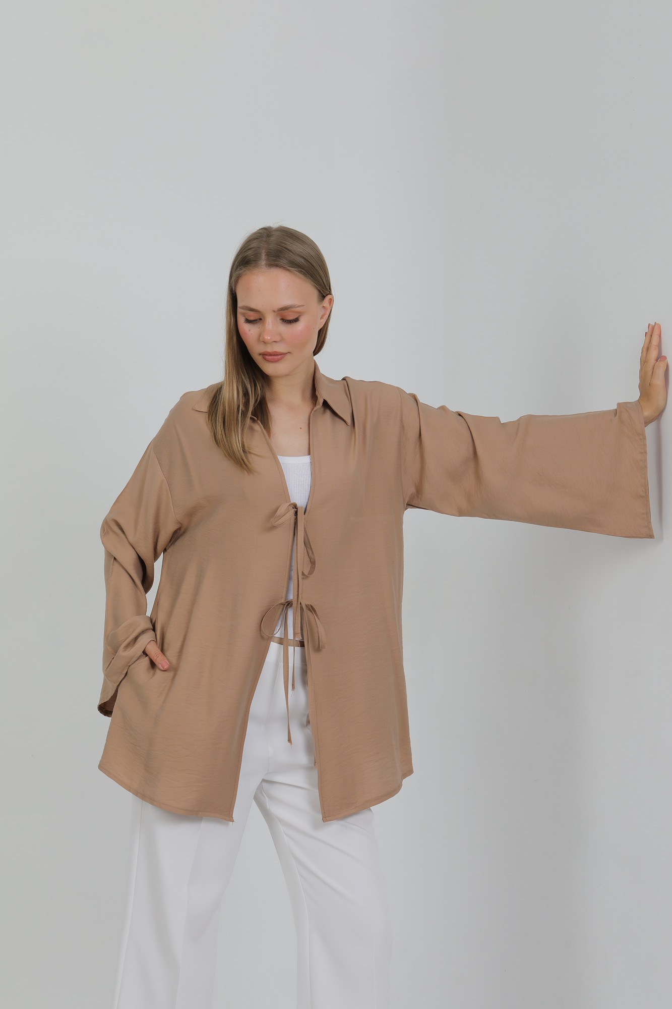 Doğal Viskon Kumaş Cepli Bağcıklı Kadın Kimono 1167 – Hafif, Dökümlü, Akışkan, Yazlık Model