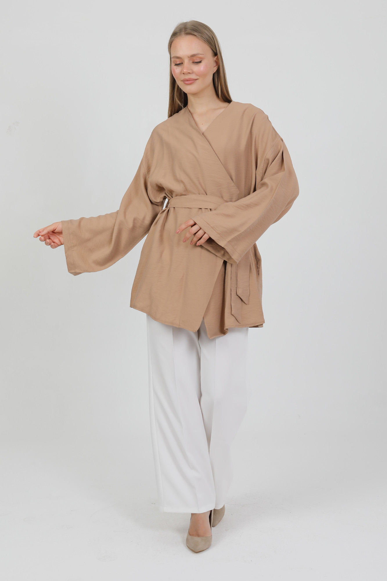 Doğal Viskon Kumaş Cepli Kemerli Kadın Kimono 1168 – Yakasız, Hafif, Dökümlü, Yazlık Model