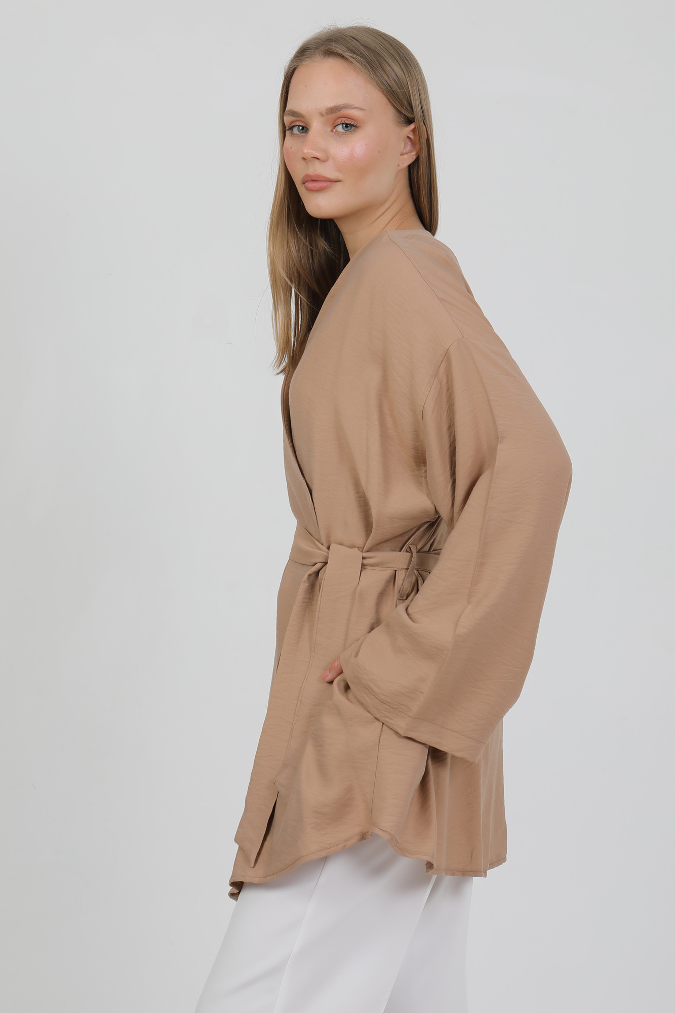 Doğal Viskon Kumaş Cepli Kemerli Kadın Kimono 1168 – Yakasız, Hafif, Dökümlü, Yazlık Model