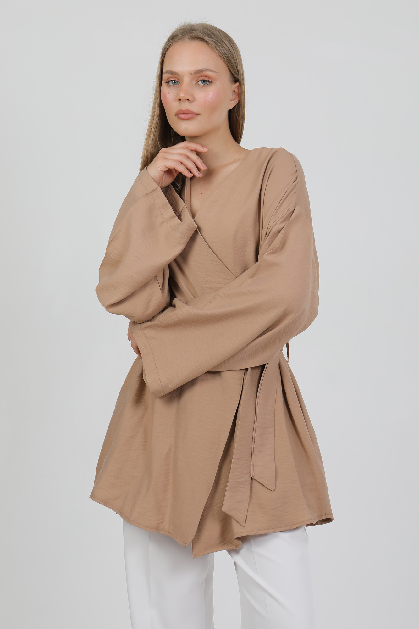 Doğal Viskon Kumaş Cepli Kemerli Kadın Kimono 1168 – Yakasız, Hafif, Dökümlü, Yazlık Model