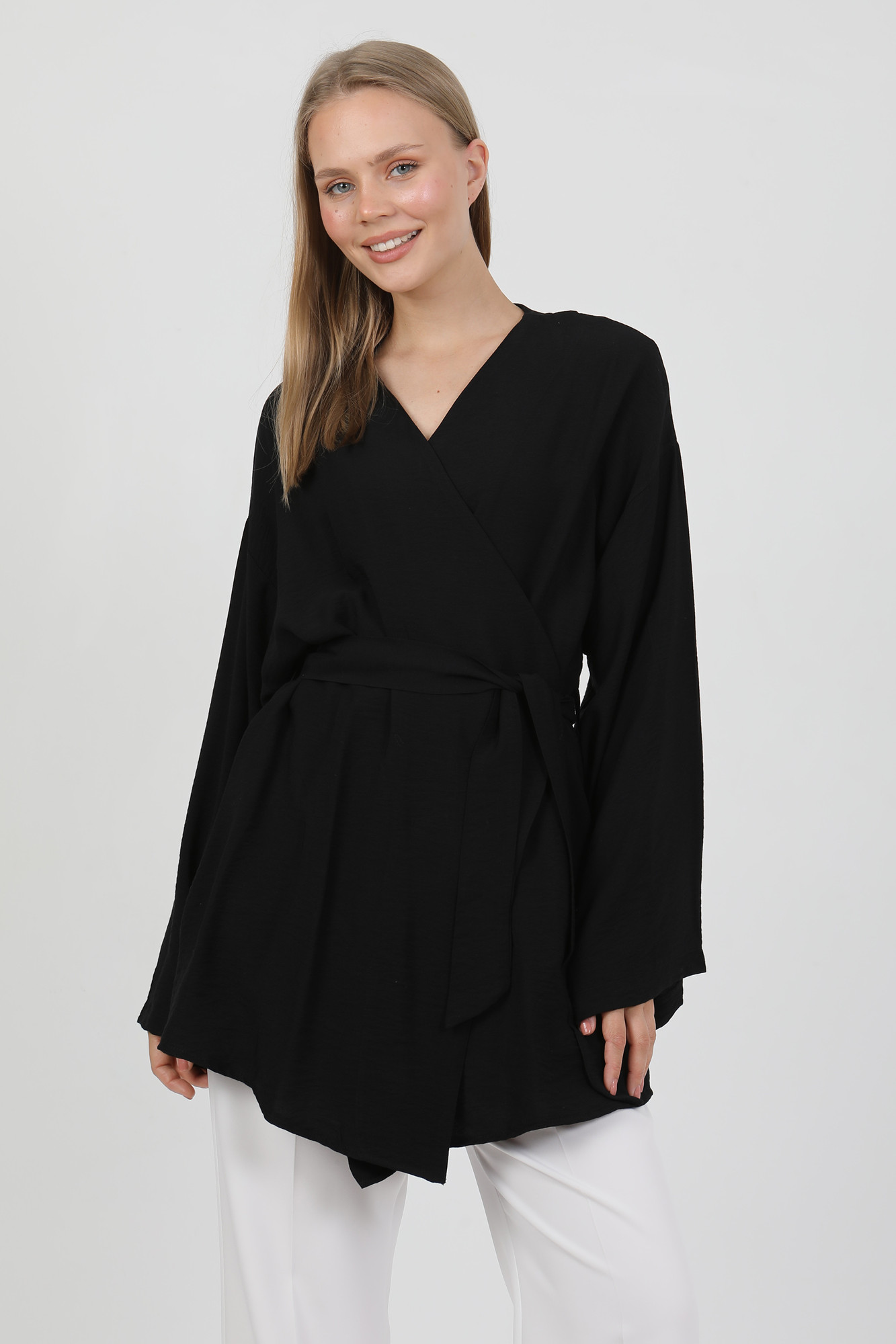 Doğal Viskon Kumaş Cepli Kemerli Kadın Kimono 1168 – Yakasız, Hafif, Dökümlü, Yazlık Model