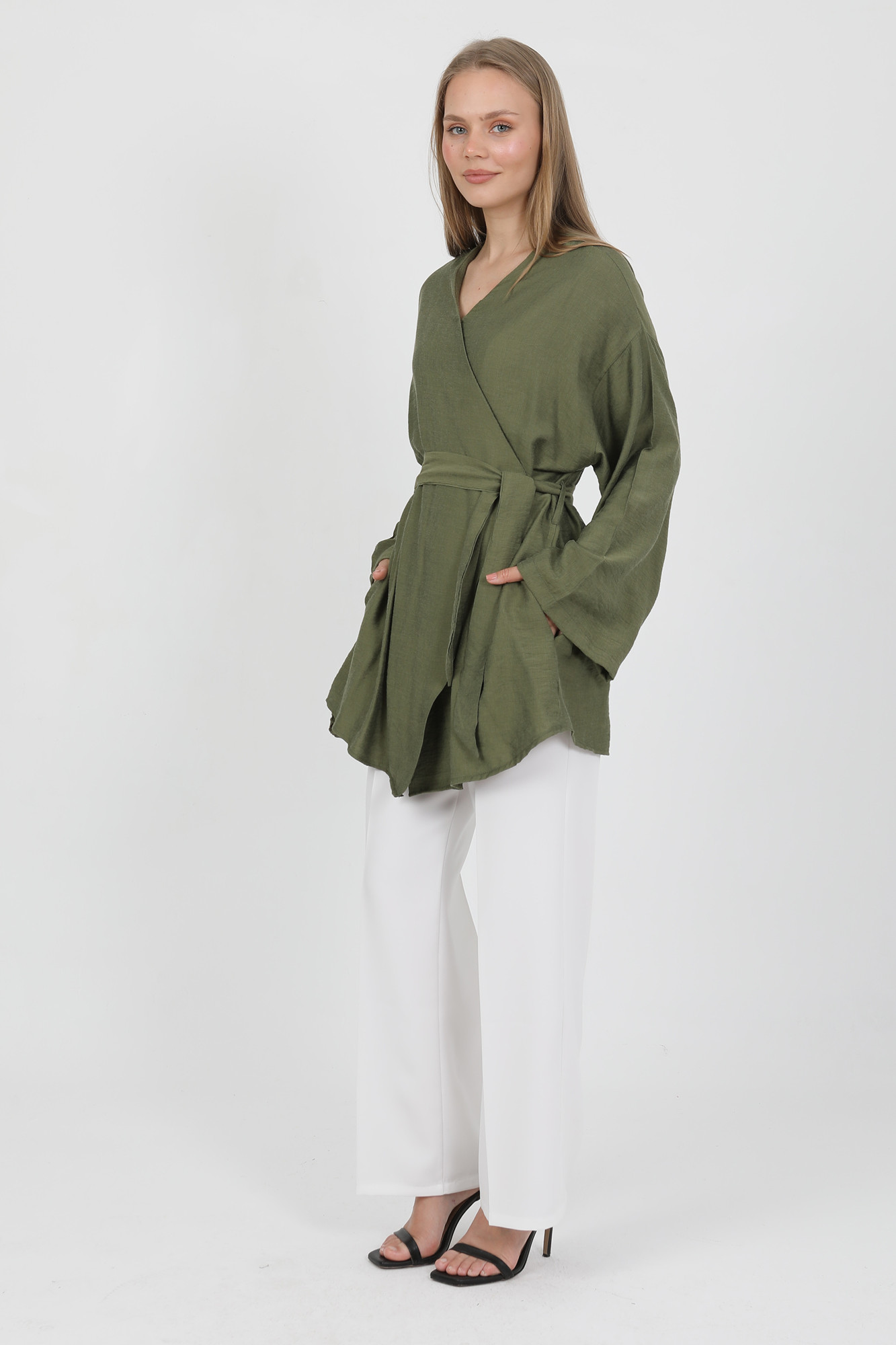 Doğal Viskon Kumaş Cepli Kemerli Kadın Kimono 1168 – Yakasız, Hafif, Dökümlü, Yazlık Model