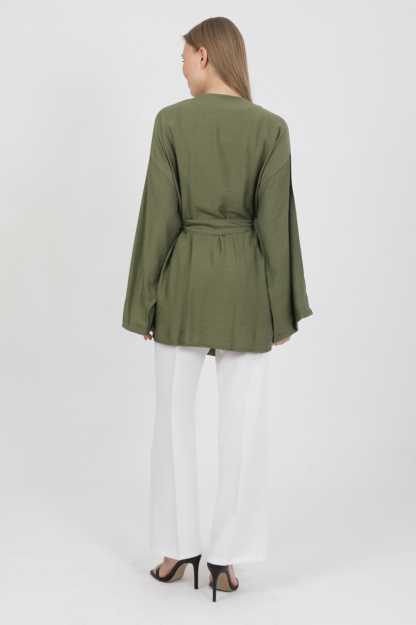 Doğal Viskon Kumaş Cepli Kemerli Kadın Kimono 1168 – Yakasız, Hafif, Dökümlü, Yazlık Model