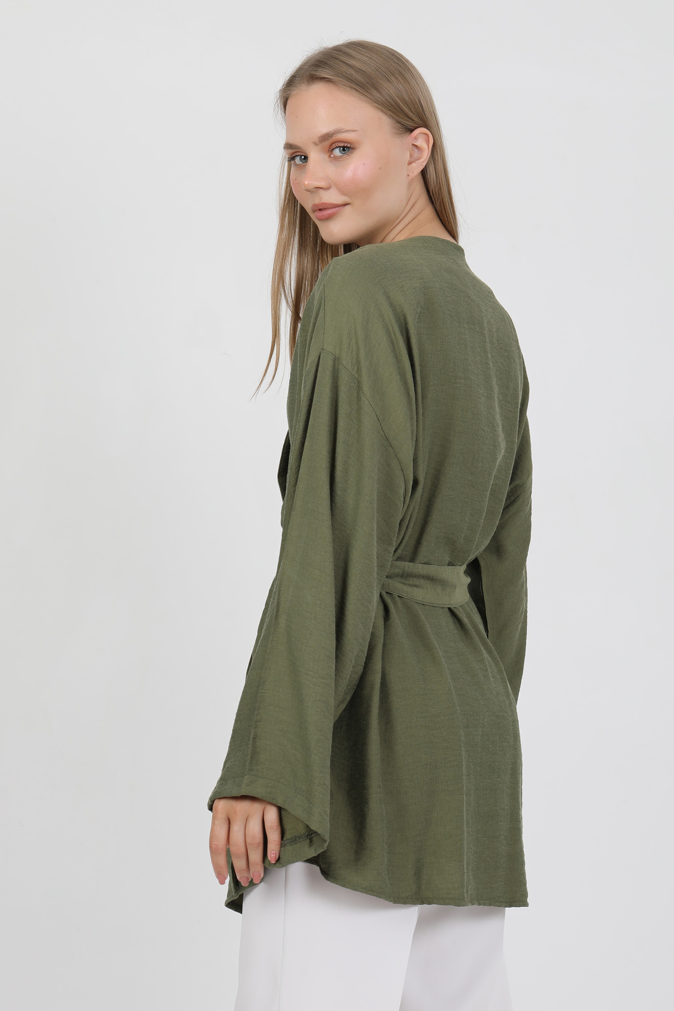 Doğal Viskon Kumaş Cepli Kemerli Kadın Kimono 1168 – Yakasız, Hafif, Dökümlü, Yazlık Model