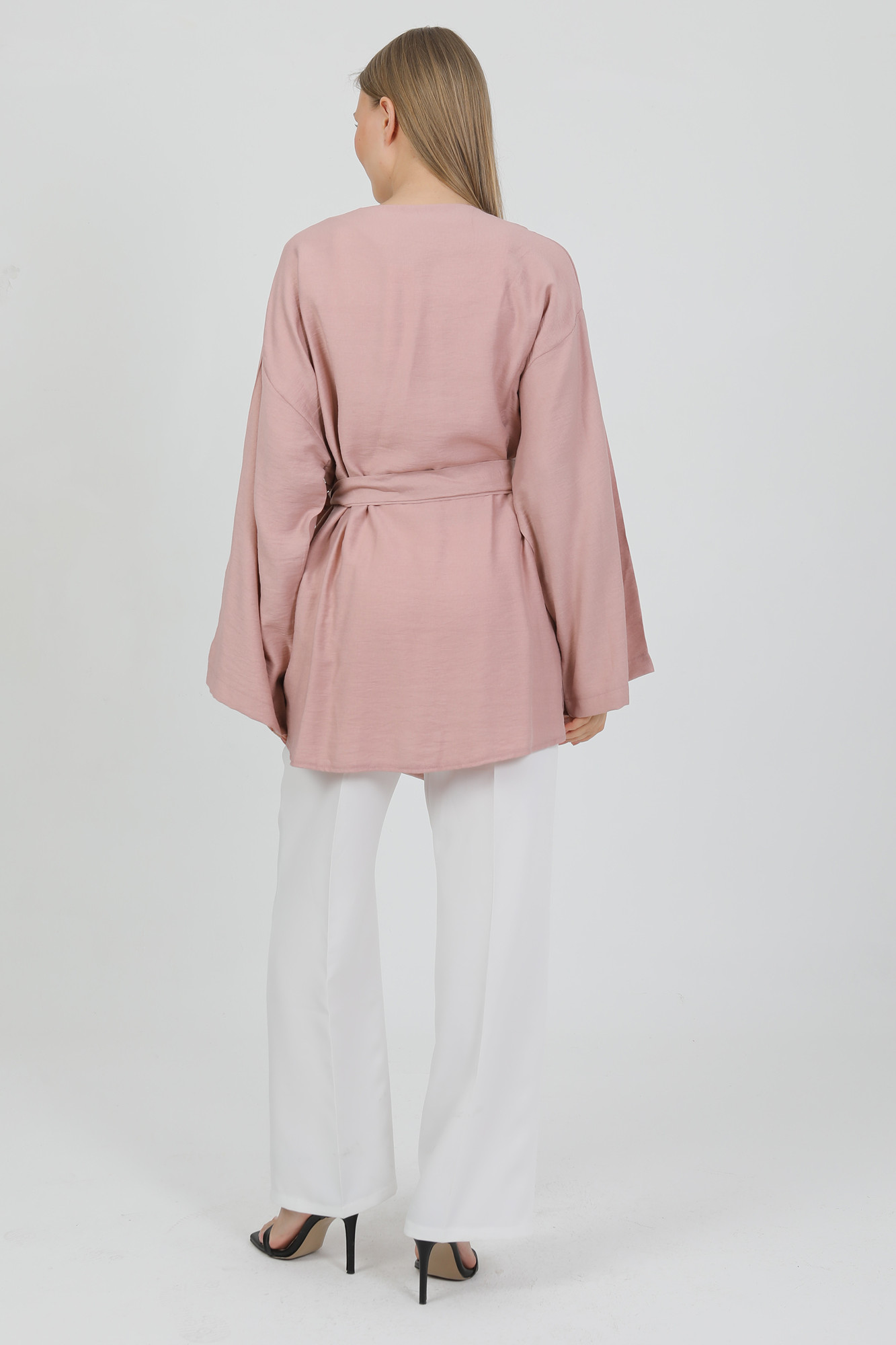 Doğal Viskon Kumaş Cepli Kemerli Kadın Kimono 1168 – Yakasız, Hafif, Dökümlü, Yazlık Model