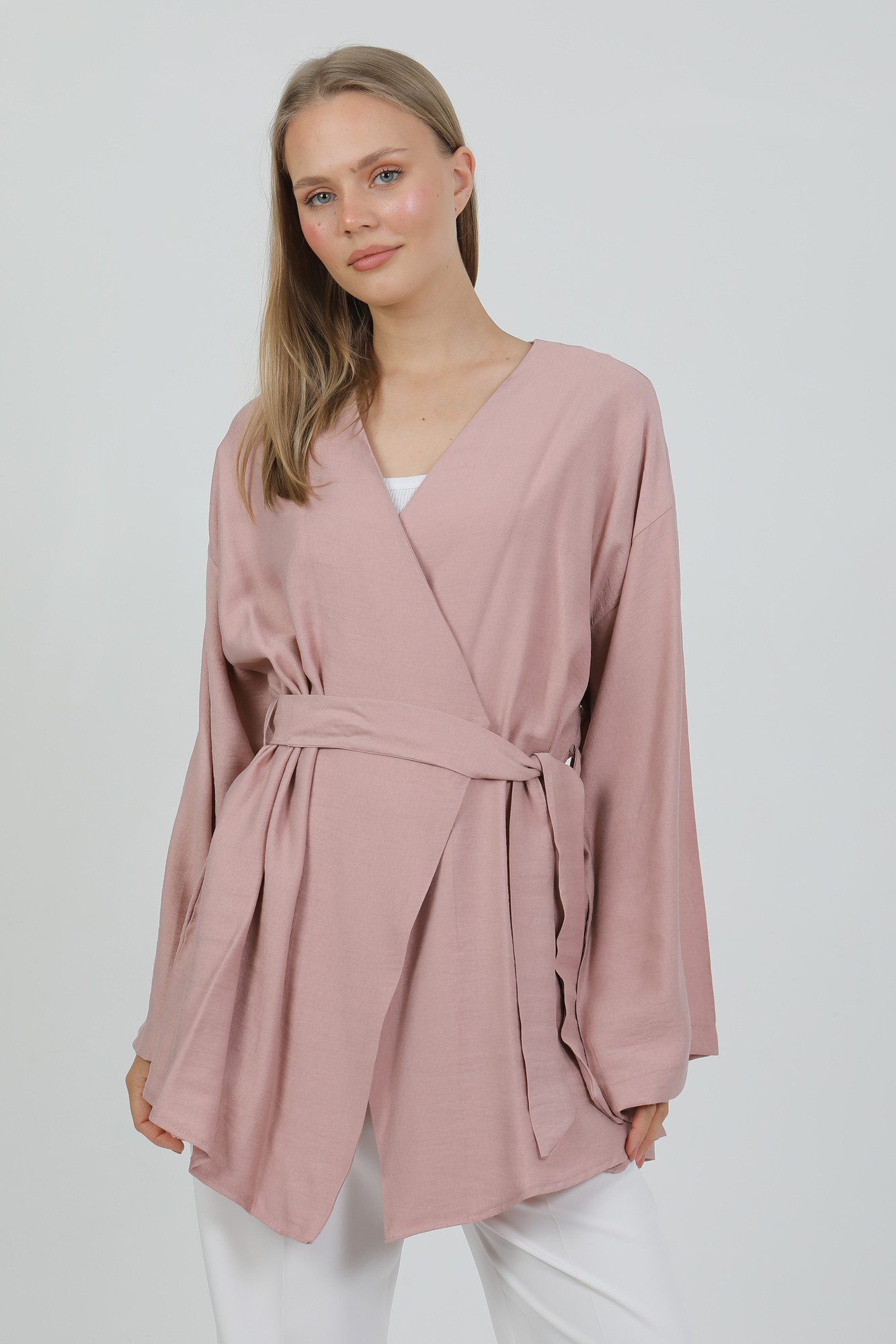 Doğal Viskon Kumaş Cepli Kemerli Kadın Kimono 1168 – Yakasız, Hafif, Dökümlü, Yazlık Model