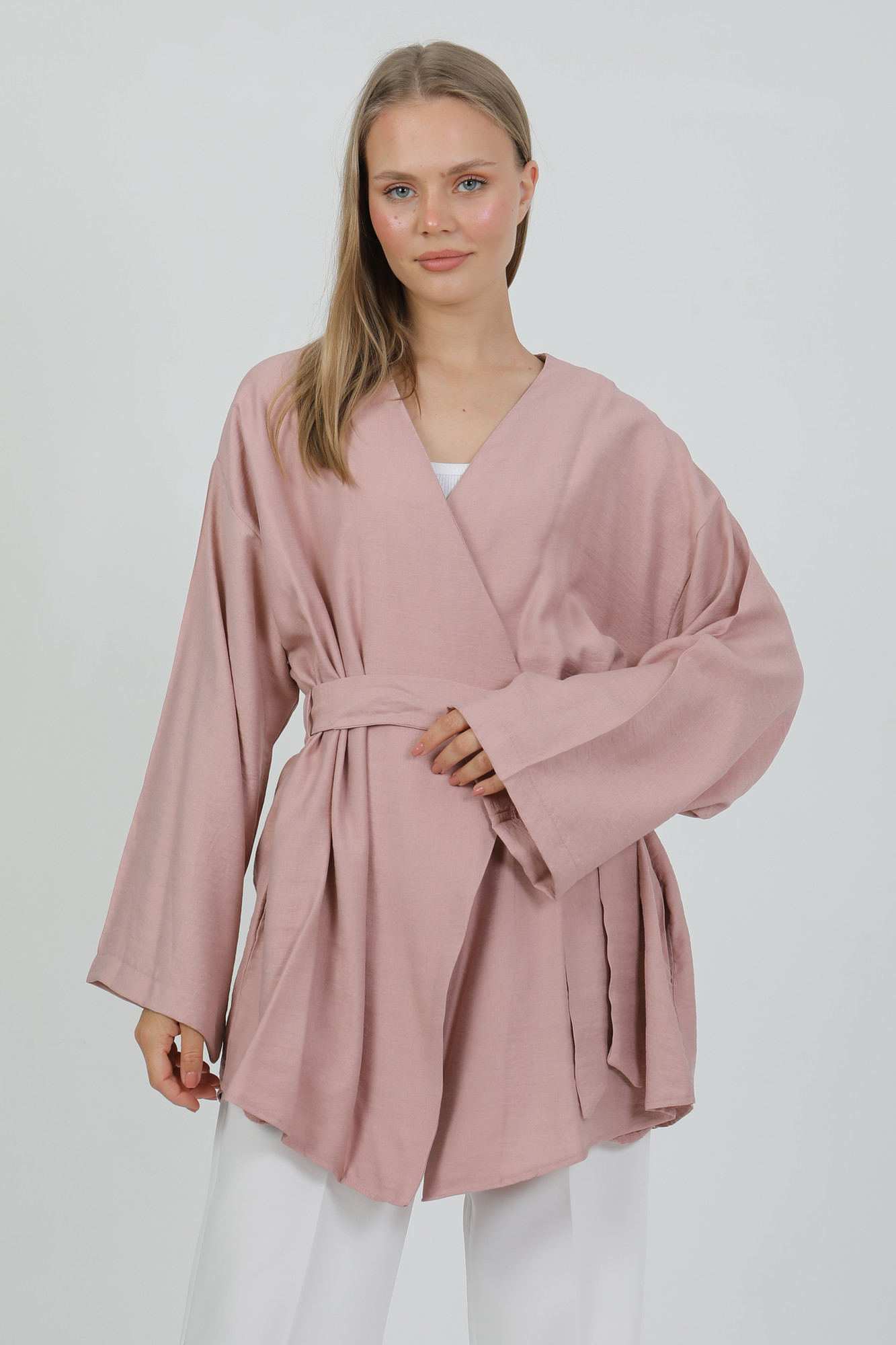 Doğal Viskon Kumaş Cepli Kemerli Kadın Kimono 1168 – Yakasız, Hafif, Dökümlü, Yazlık Model