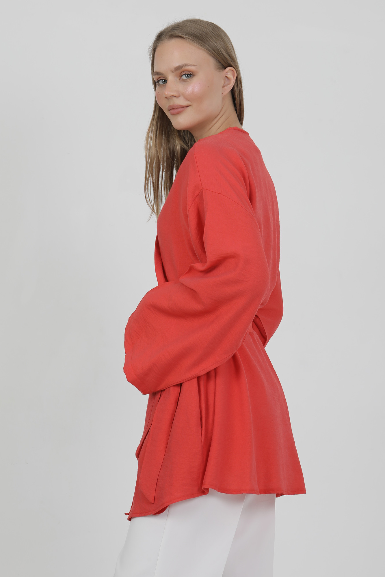 Doğal Viskon Kumaş Cepli Kemerli Kadın Kimono 1168 – Yakasız, Hafif, Dökümlü, Yazlık Model