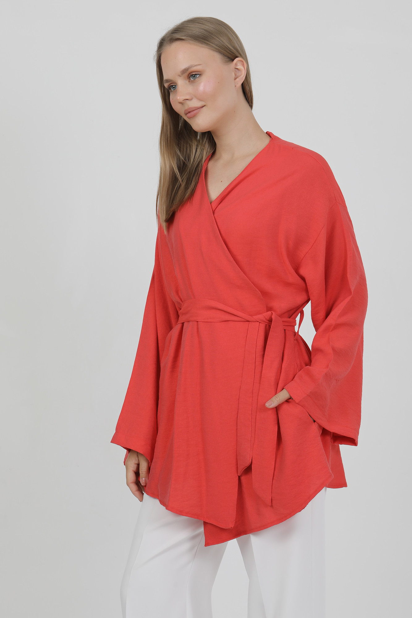 Doğal Viskon Kumaş Cepli Kemerli Kadın Kimono 1168 – Yakasız, Hafif, Dökümlü, Yazlık Model