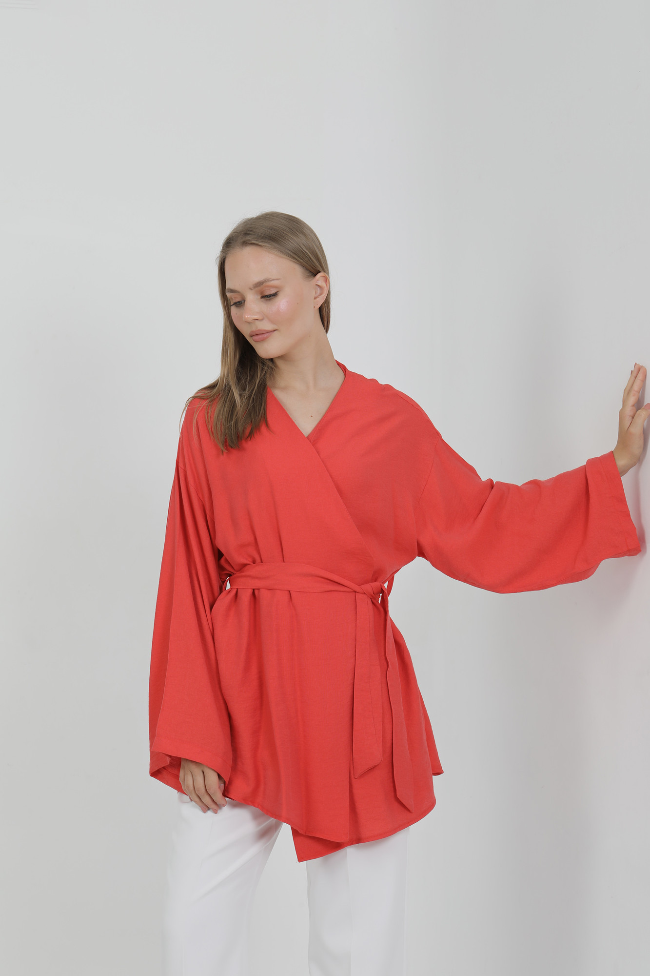 Doğal Viskon Kumaş Cepli Kemerli Kadın Kimono 1168 – Yakasız, Hafif, Dökümlü, Yazlık Model