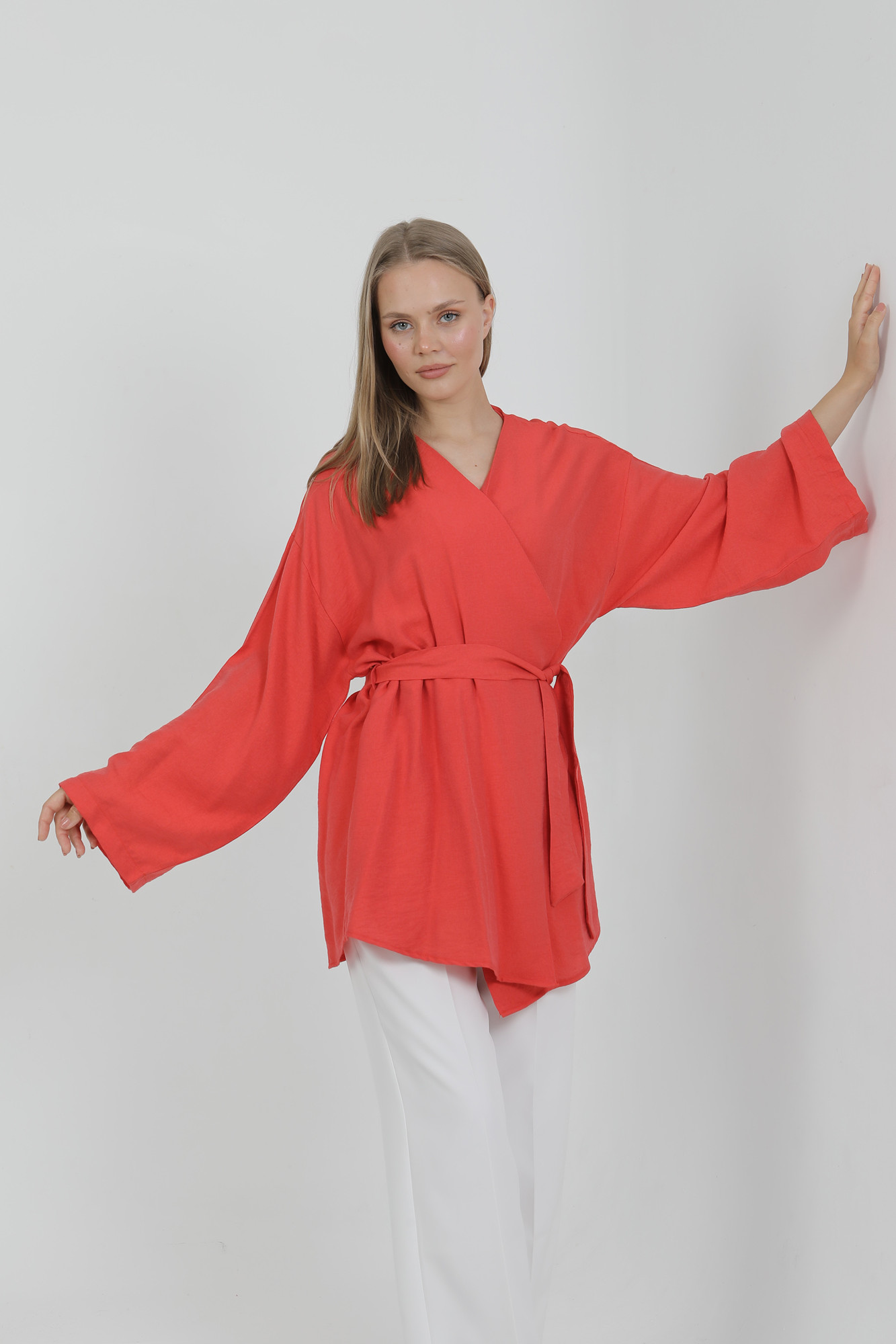 Doğal Viskon Kumaş Cepli Kemerli Kadın Kimono 1168 – Yakasız, Hafif, Dökümlü, Yazlık Model