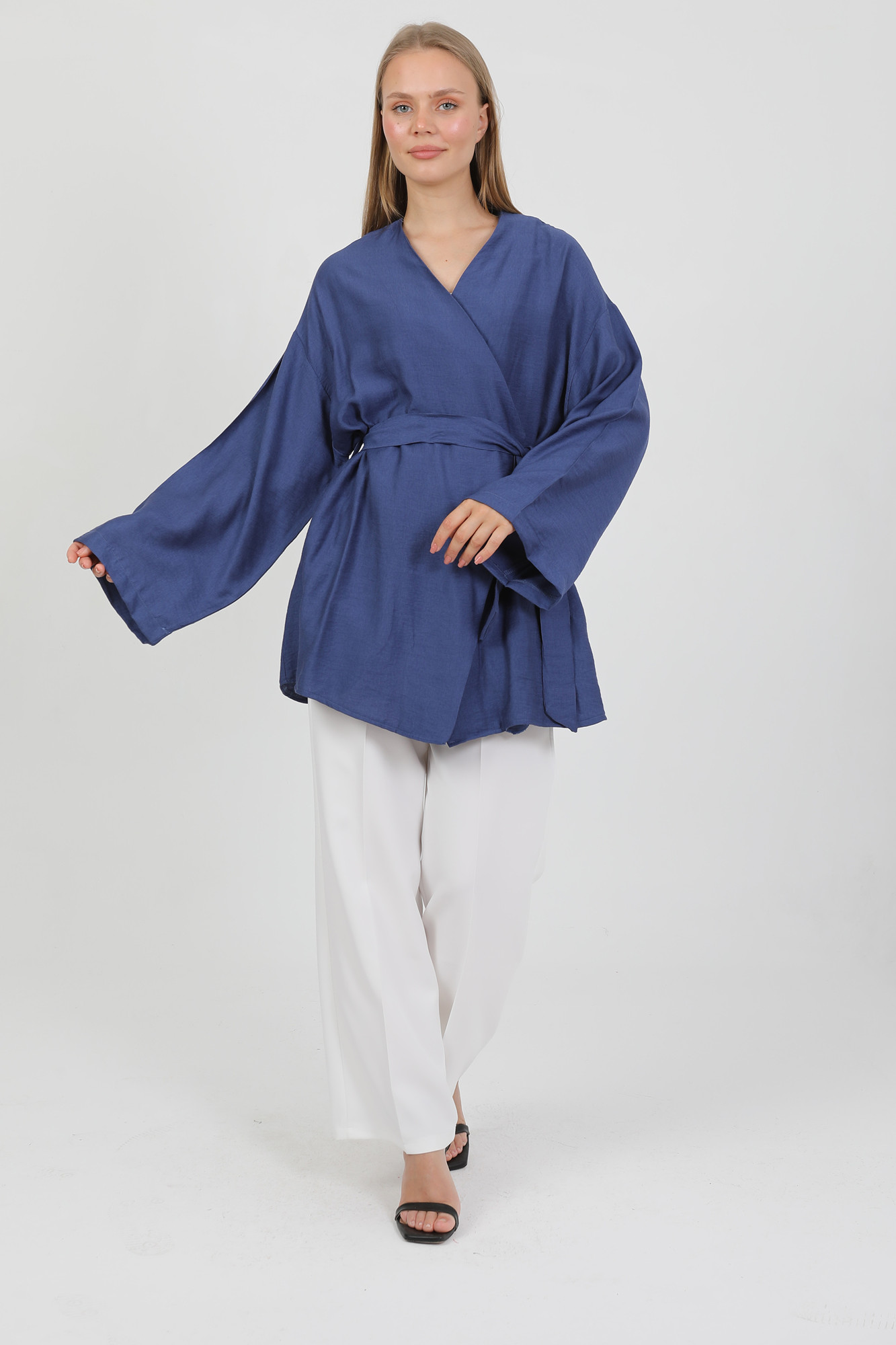 Doğal Viskon Kumaş Cepli Kemerli Kadın Kimono 1168 – Yakasız, Hafif, Dökümlü, Yazlık Model