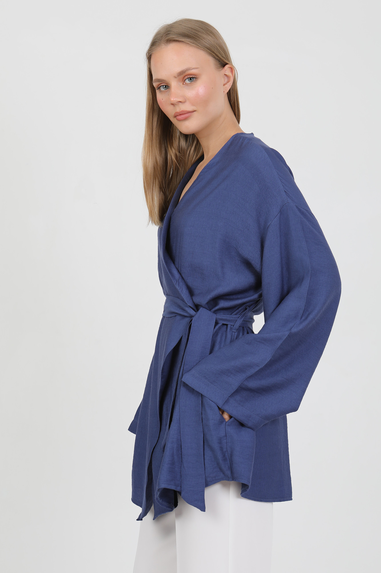 Doğal Viskon Kumaş Cepli Kemerli Kadın Kimono 1168 – Yakasız, Hafif, Dökümlü, Yazlık Model