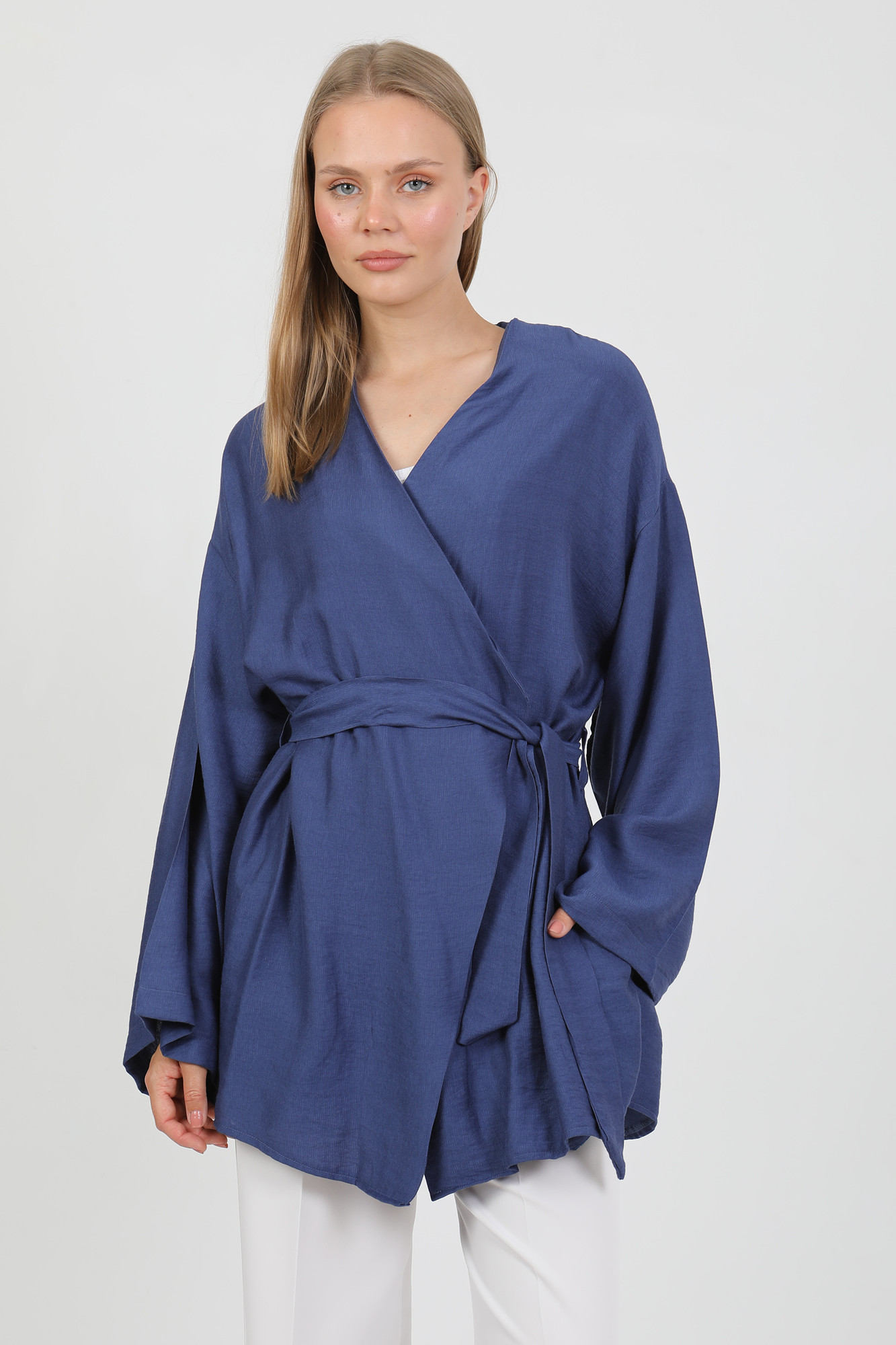 Doğal Viskon Kumaş Cepli Kemerli Kadın Kimono 1168 – Yakasız, Hafif, Dökümlü, Yazlık Model