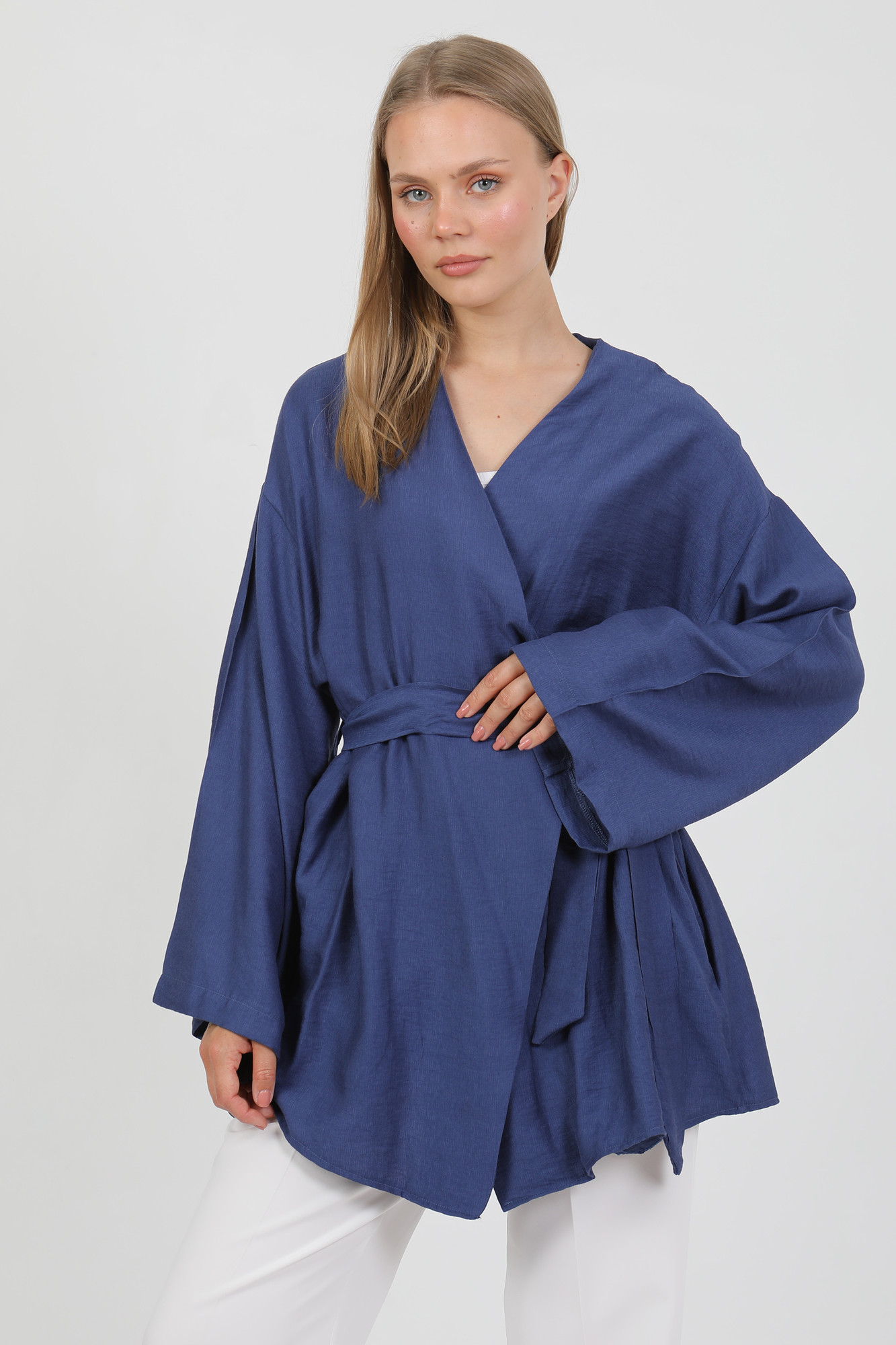 Doğal Viskon Kumaş Cepli Kemerli Kadın Kimono 1168 – Yakasız, Hafif, Dökümlü, Yazlık Model