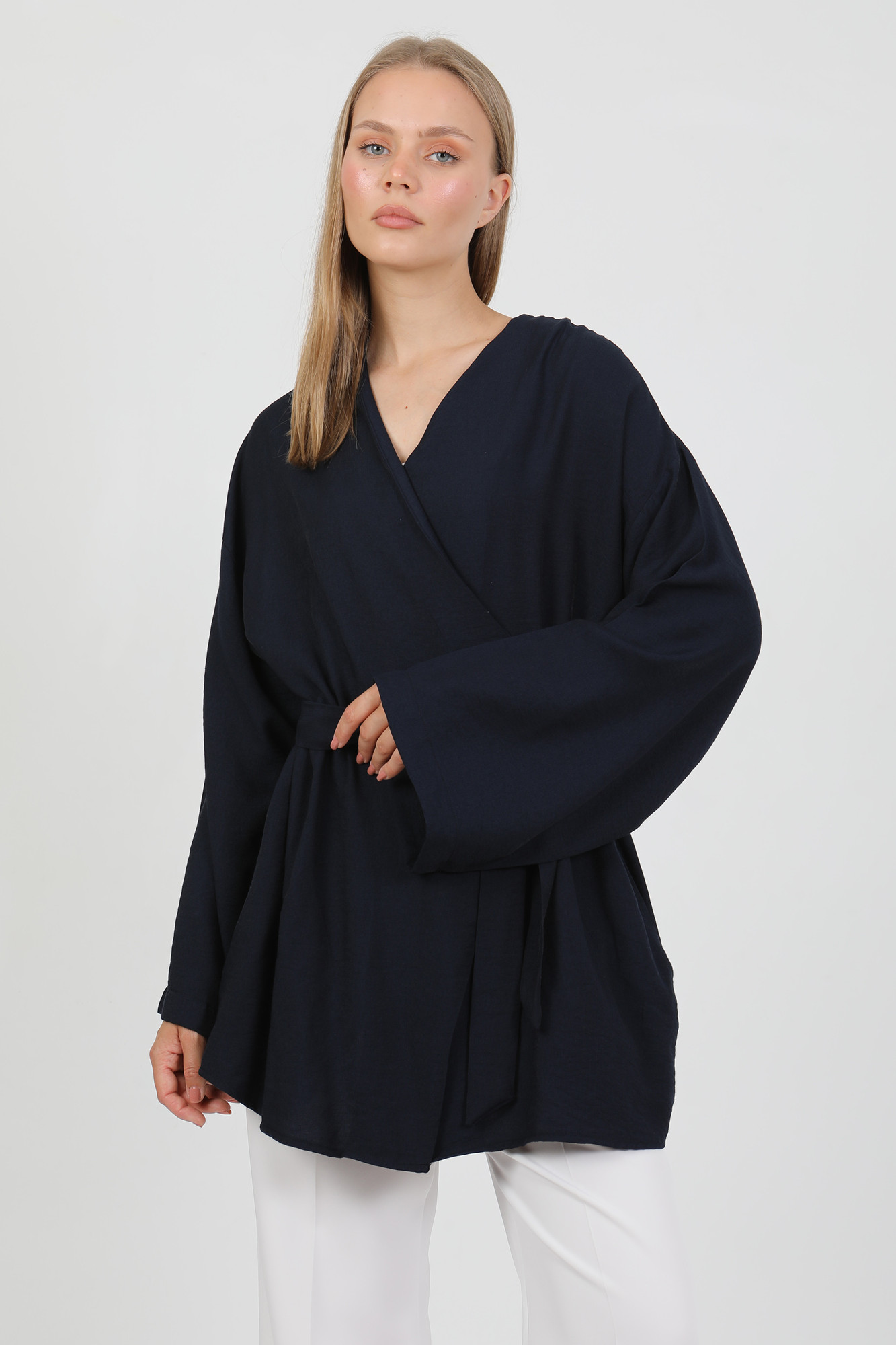 Doğal Viskon Kumaş Cepli Kemerli Kadın Kimono 1168 – Yakasız, Hafif, Dökümlü, Yazlık Model