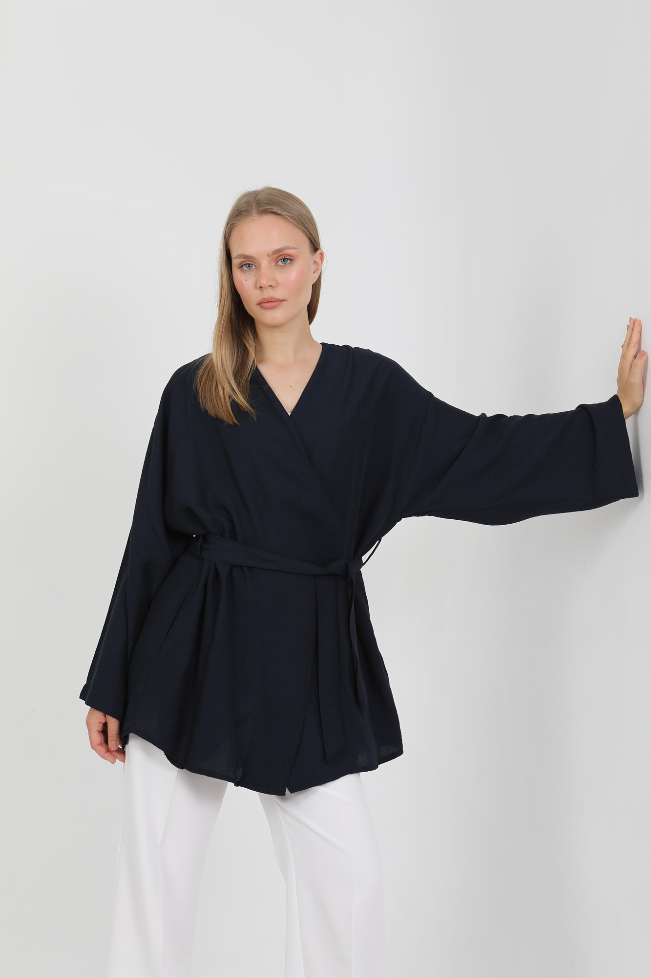 Doğal Viskon Kumaş Cepli Kemerli Kadın Kimono 1168 – Yakasız, Hafif, Dökümlü, Yazlık Model