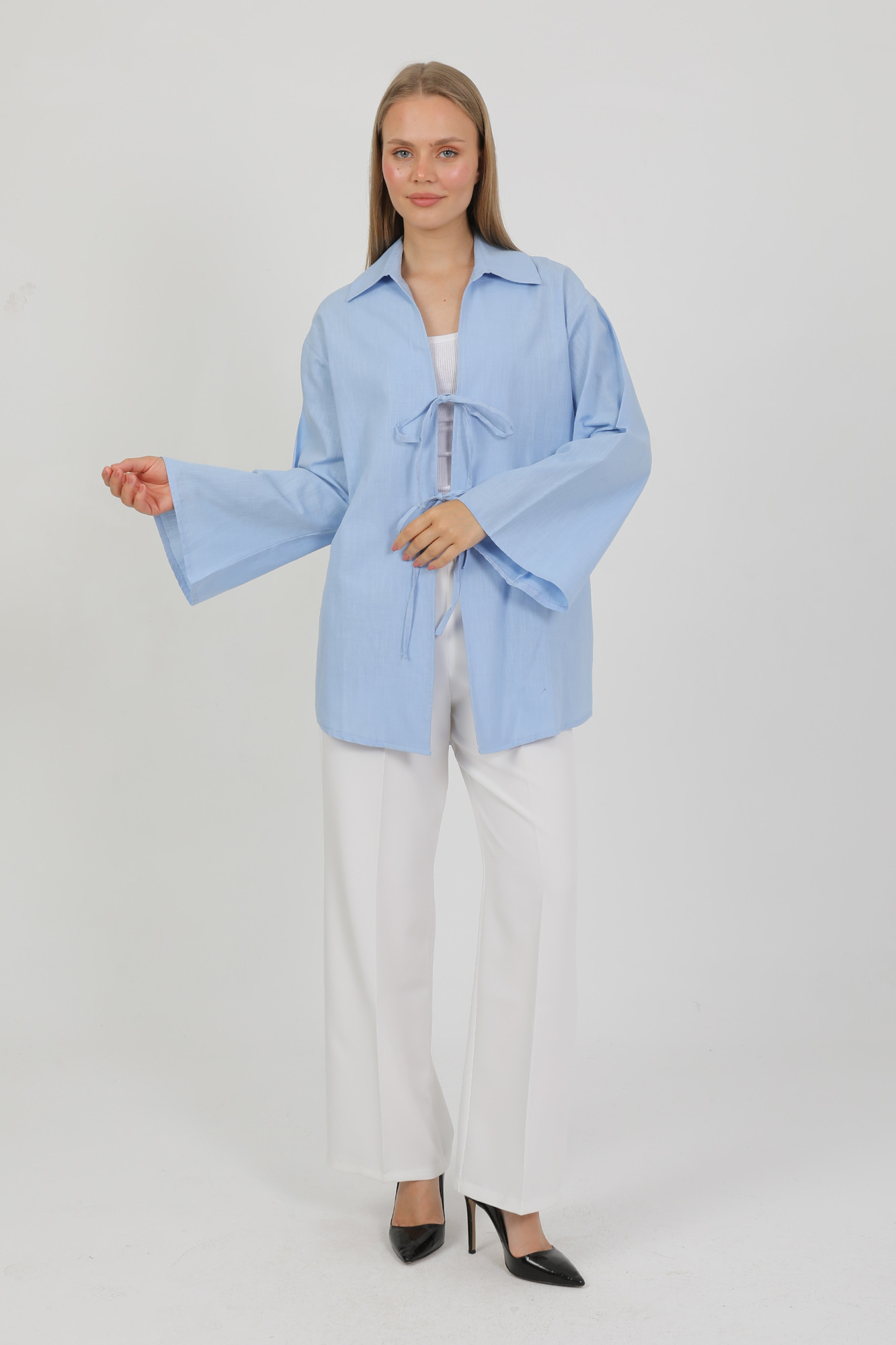 %100 Pamuk Keten Cepli Bağcıklı Kadın Kimono 1165 – Gömlek Yaka, Nefes Alan Kumaş