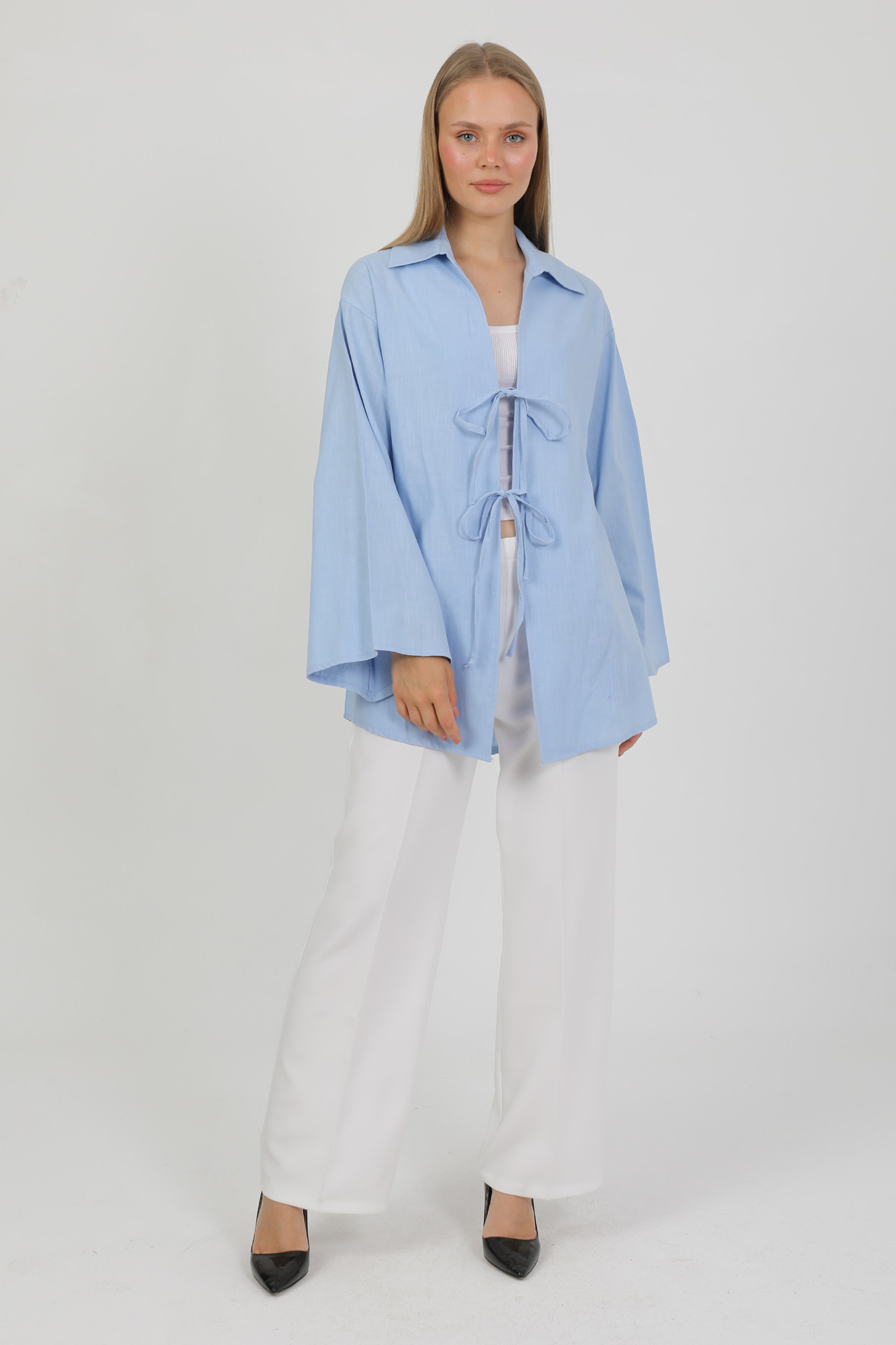 %100 Pamuk Keten Cepli Bağcıklı Kadın Kimono 1165 – Gömlek Yaka, Nefes Alan Kumaş