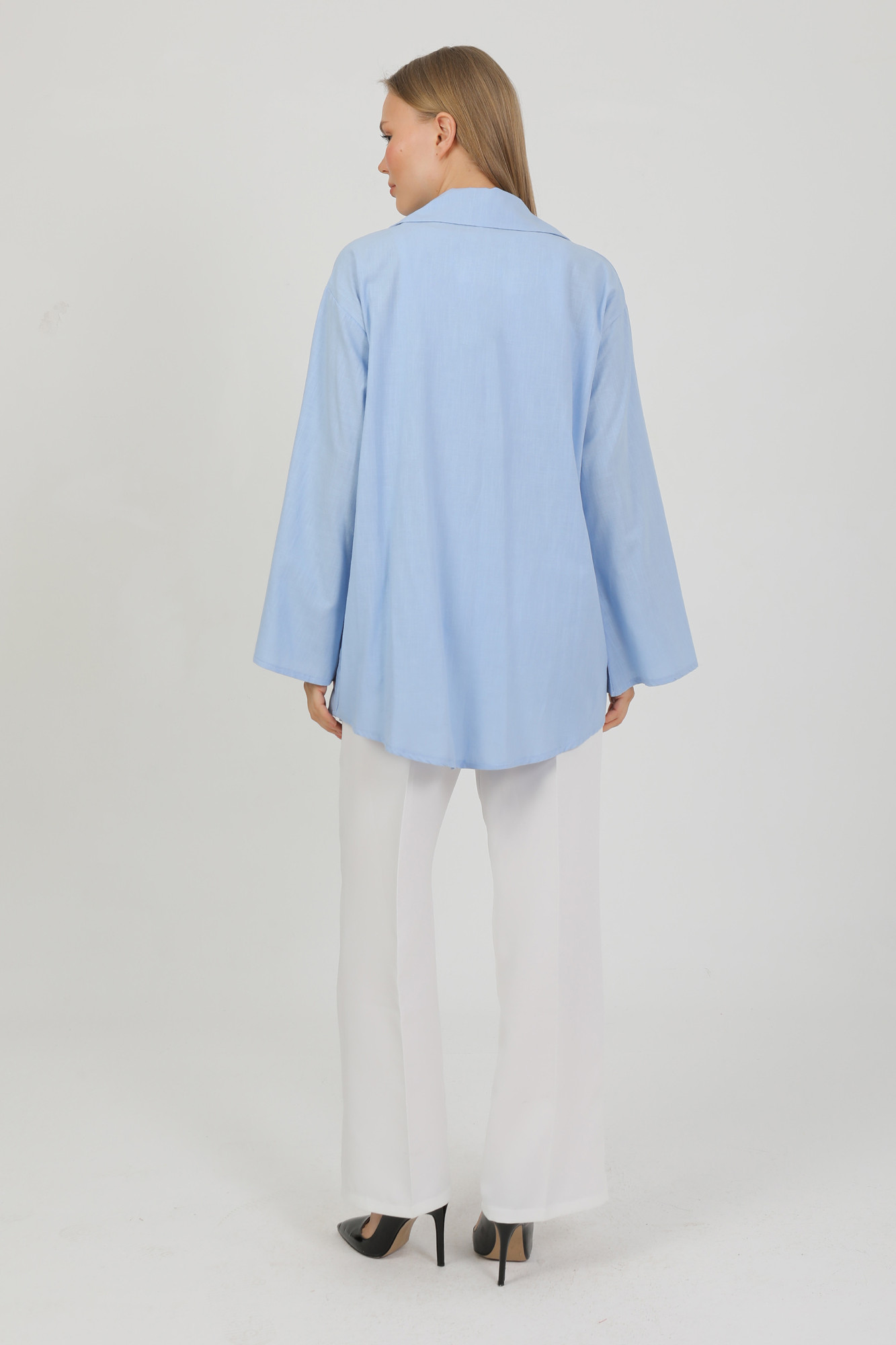 %100 Pamuk Keten Cepli Bağcıklı Kadın Kimono 1165 – Gömlek Yaka, Nefes Alan Kumaş