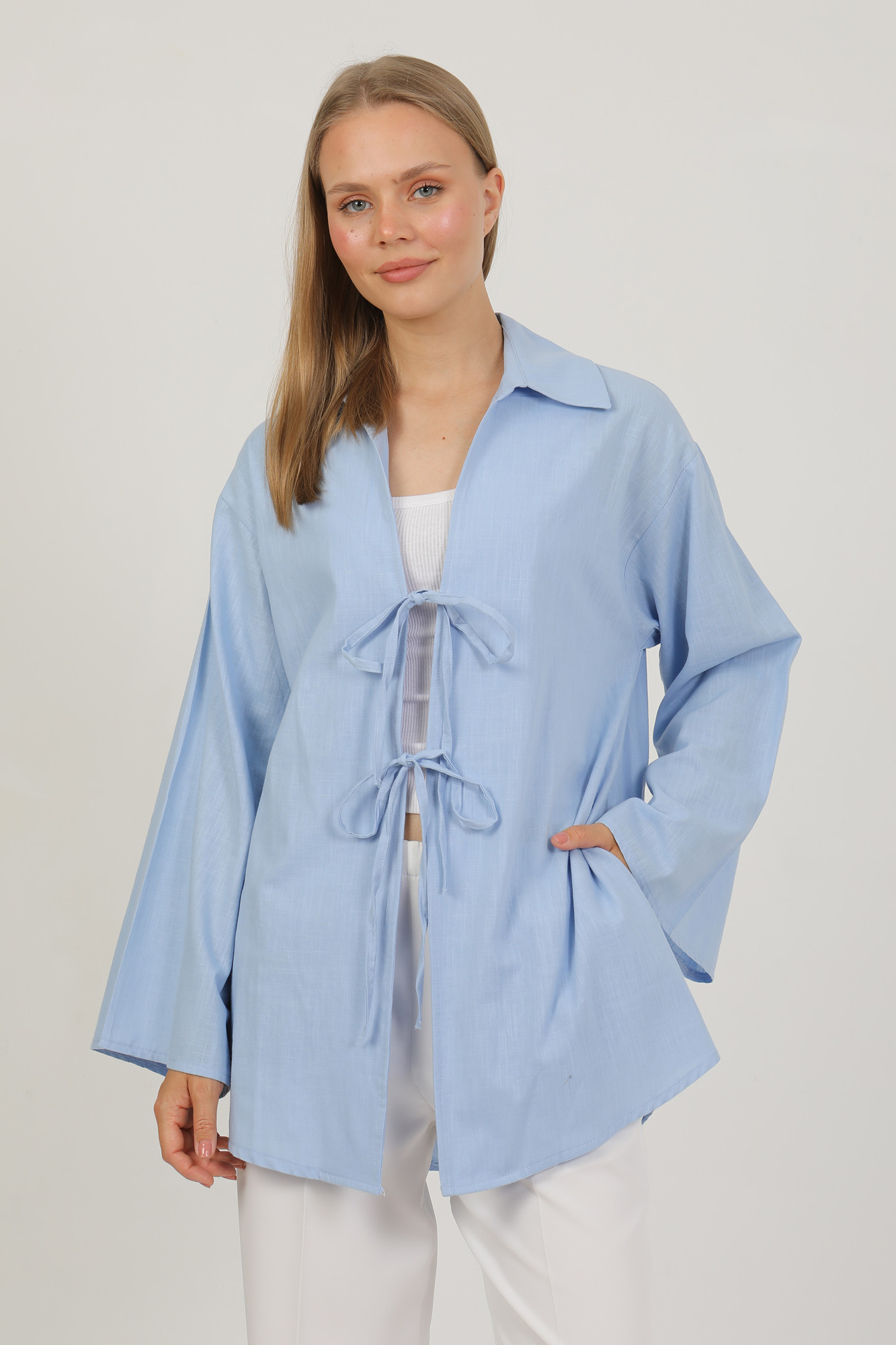 %100 Pamuk Keten Cepli Bağcıklı Kadın Kimono 1165 – Gömlek Yaka, Nefes Alan Kumaş