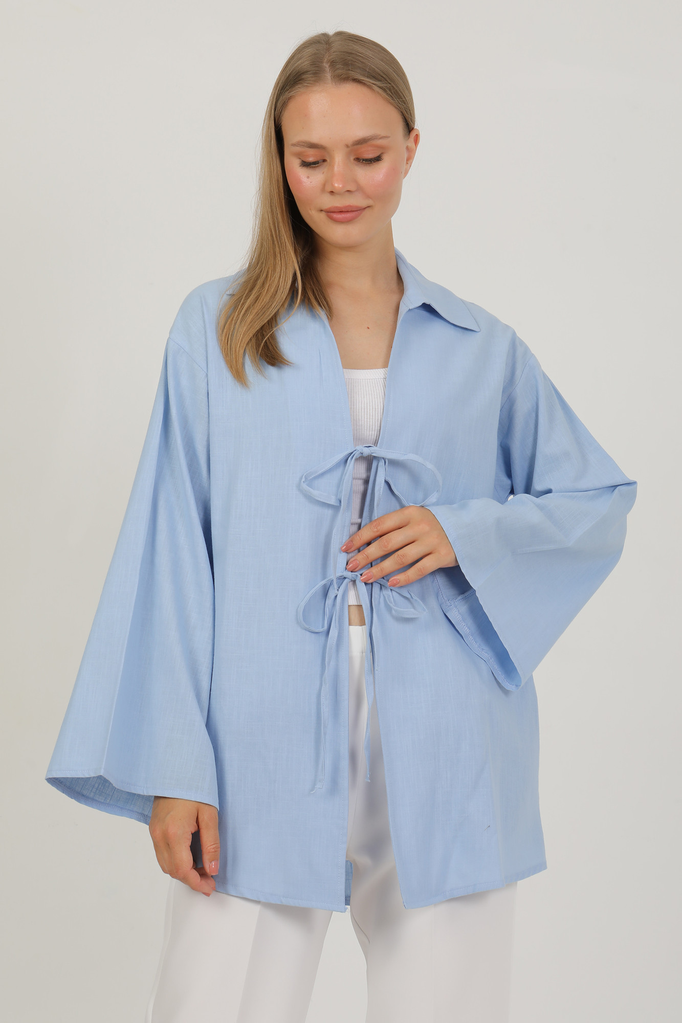 %100 Pamuk Keten Cepli Bağcıklı Kadın Kimono 1165 – Gömlek Yaka, Nefes Alan Kumaş